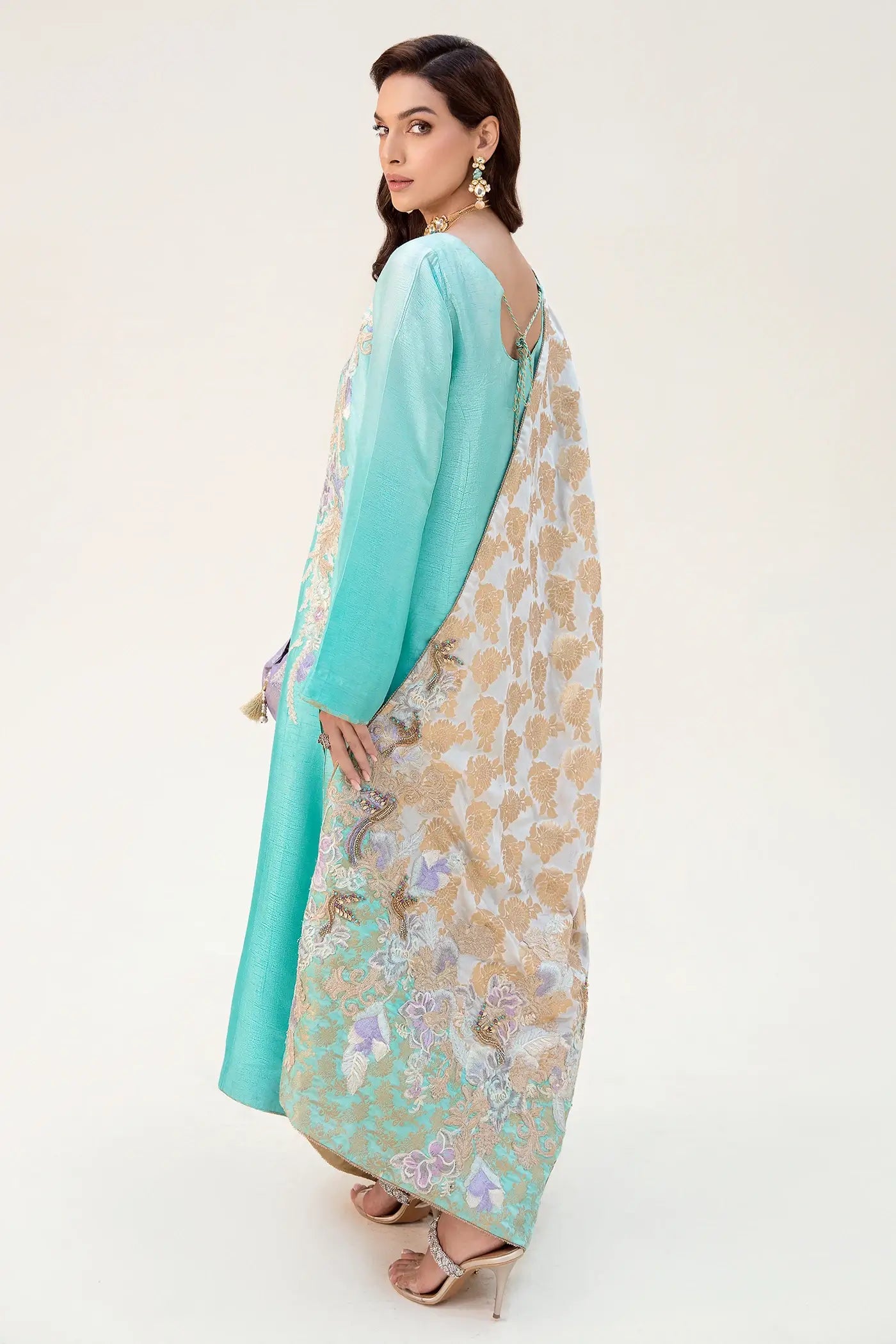 Pakistani Aqua Embroidered Korean Silk Salwar Kameez (3-Piece) - Image 5