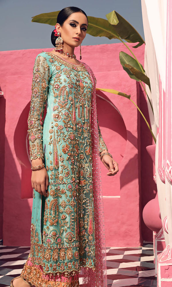 Pakistani Aqua Blue Embellished Net Salwar Kameez (3-Piece) - Image 2