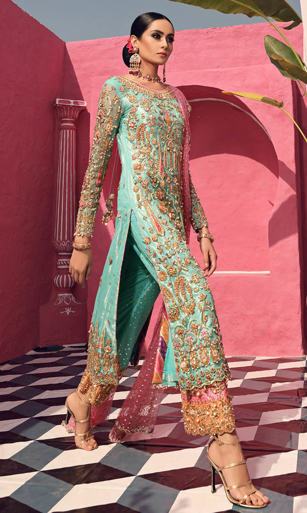Pakistani Aqua Blue Embellished Net Salwar Kameez (3-Piece) - Image 3
