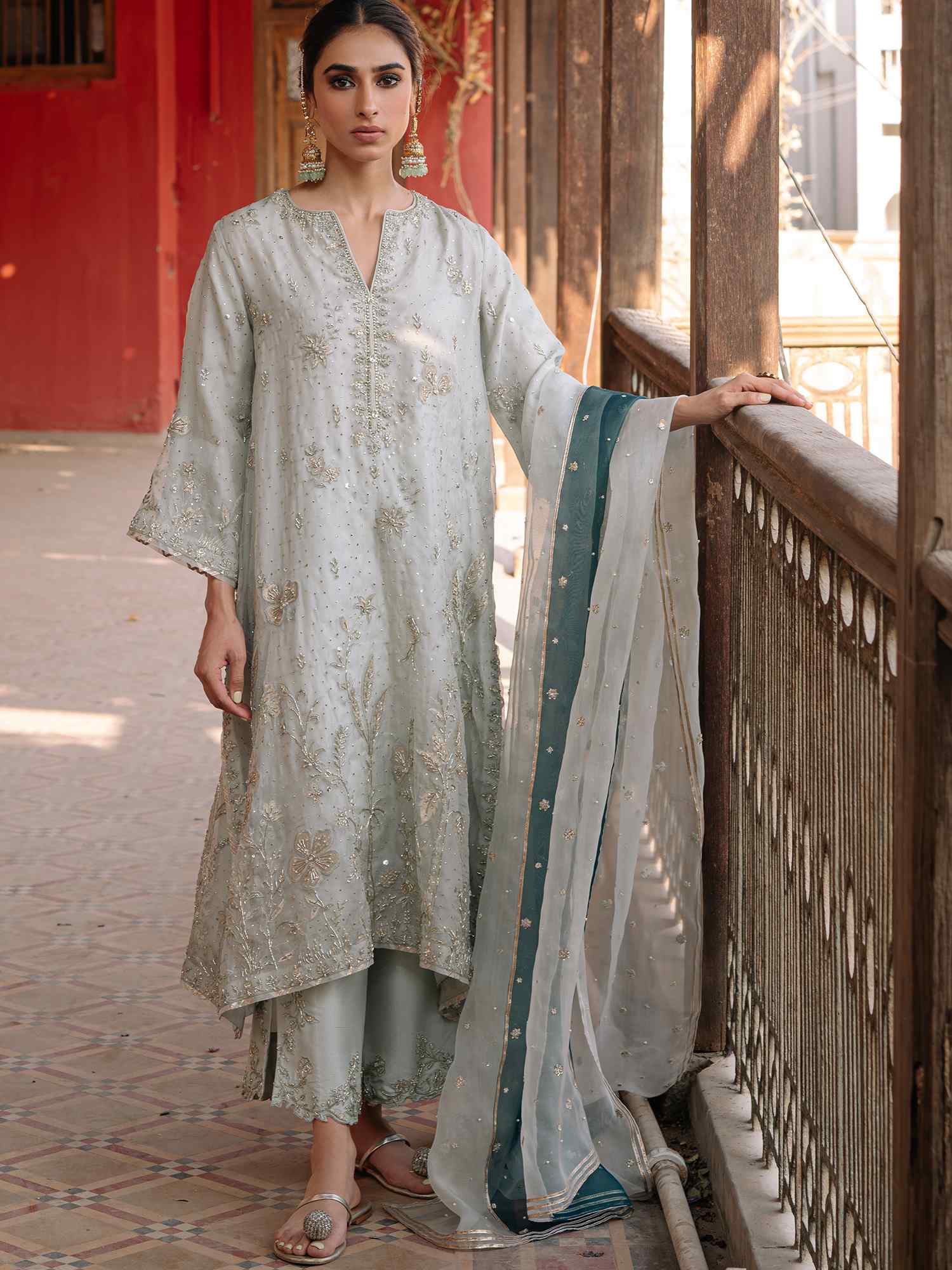 Pakistani Aqua Embellished Organza & Raw Silk Kurta (3-Piece) - Image 1