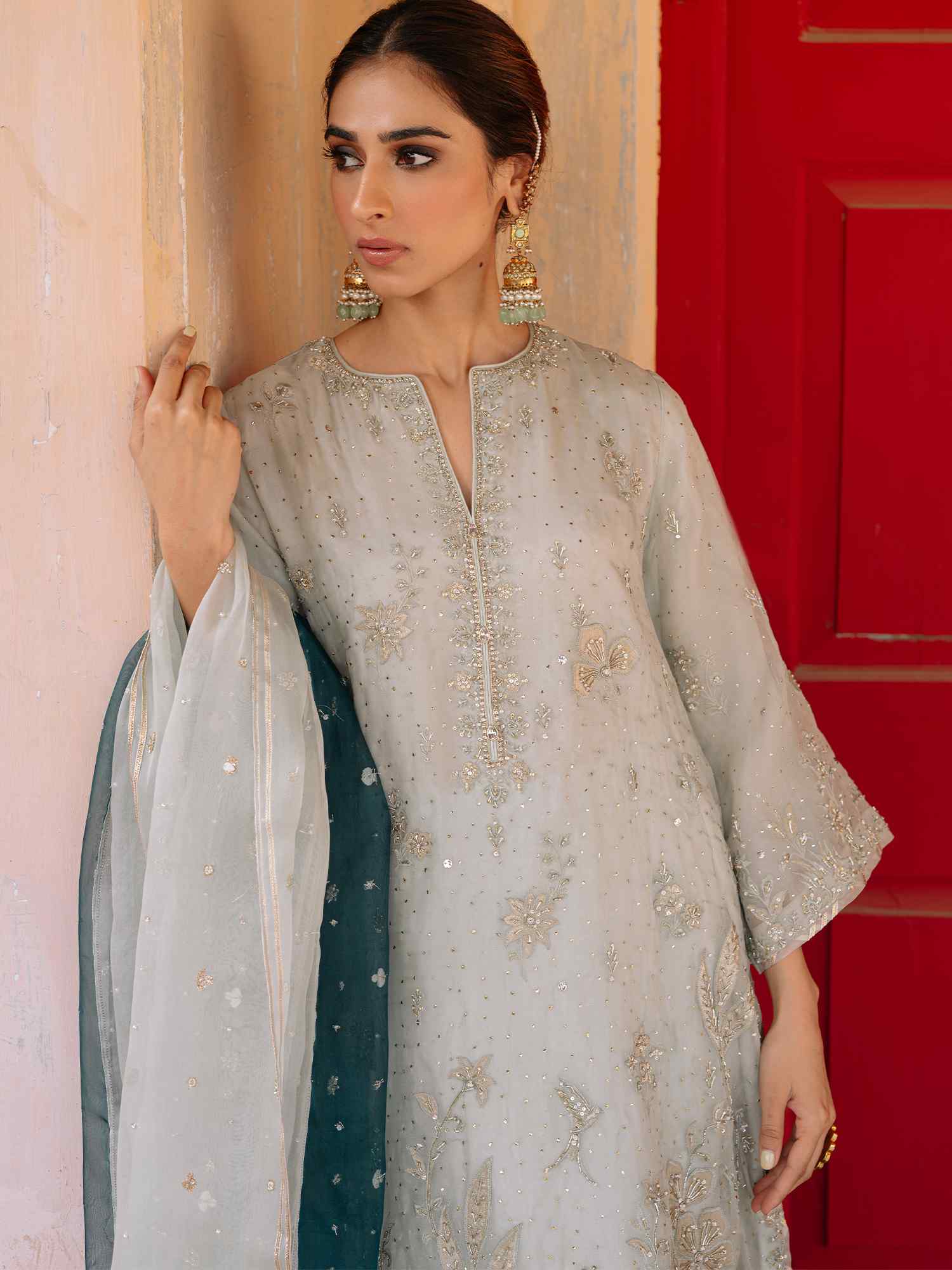 Pakistani Aqua Embellished Organza & Raw Silk Kurta (3-Piece) - Image 2