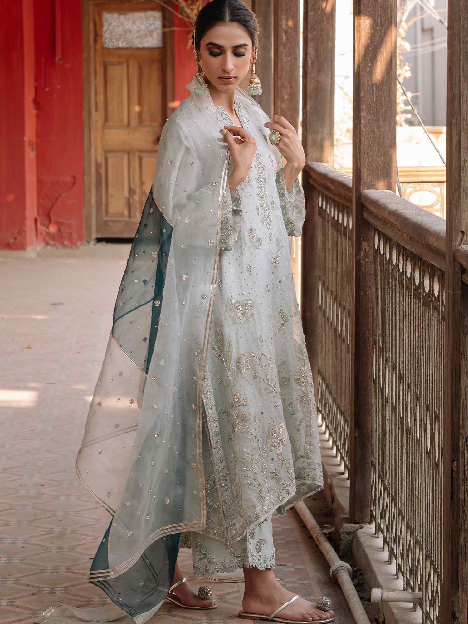 Pakistani Aqua Embellished Organza & Raw Silk Kurta (3-Piece) - Image 3