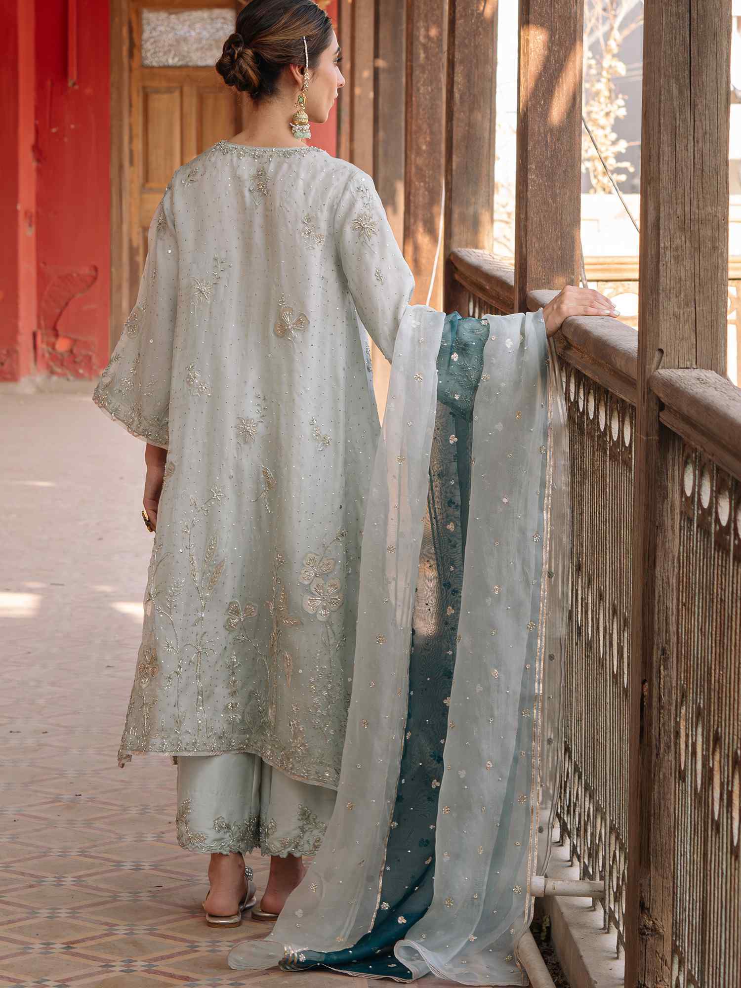 Pakistani Aqua Embellished Organza & Raw Silk Kurta (3-Piece) - Image 4