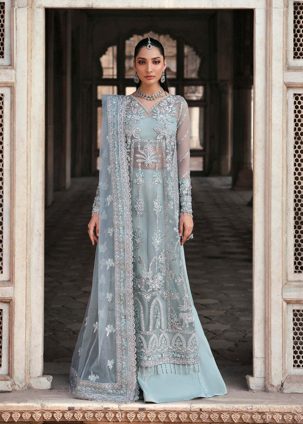 Pale Aqua Hand-Embroidered Organza Long Dress (3-Piece) - Image 1