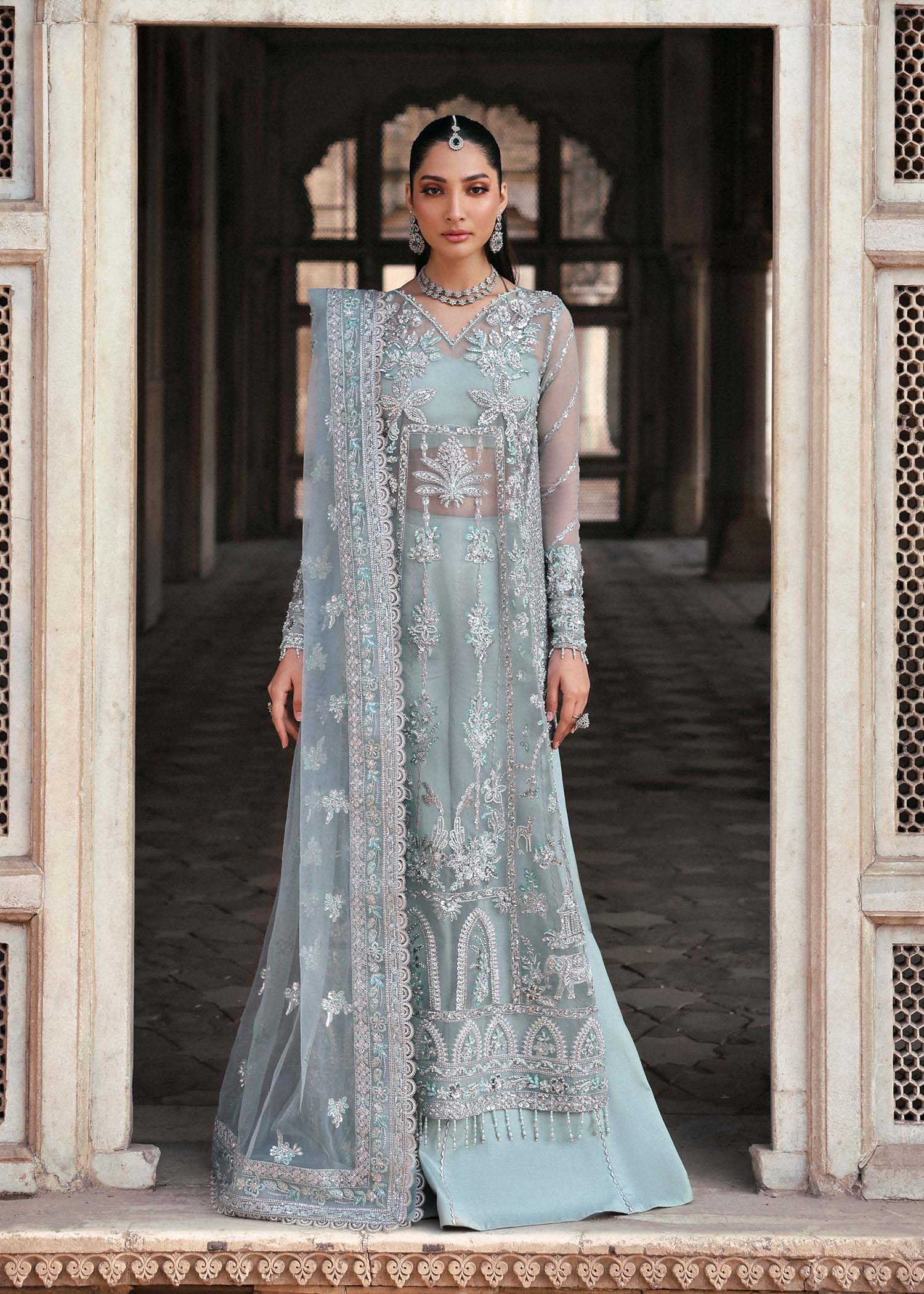 Pale Aqua Hand-Embroidered Organza Long Dress (3-Piece) - Image 4