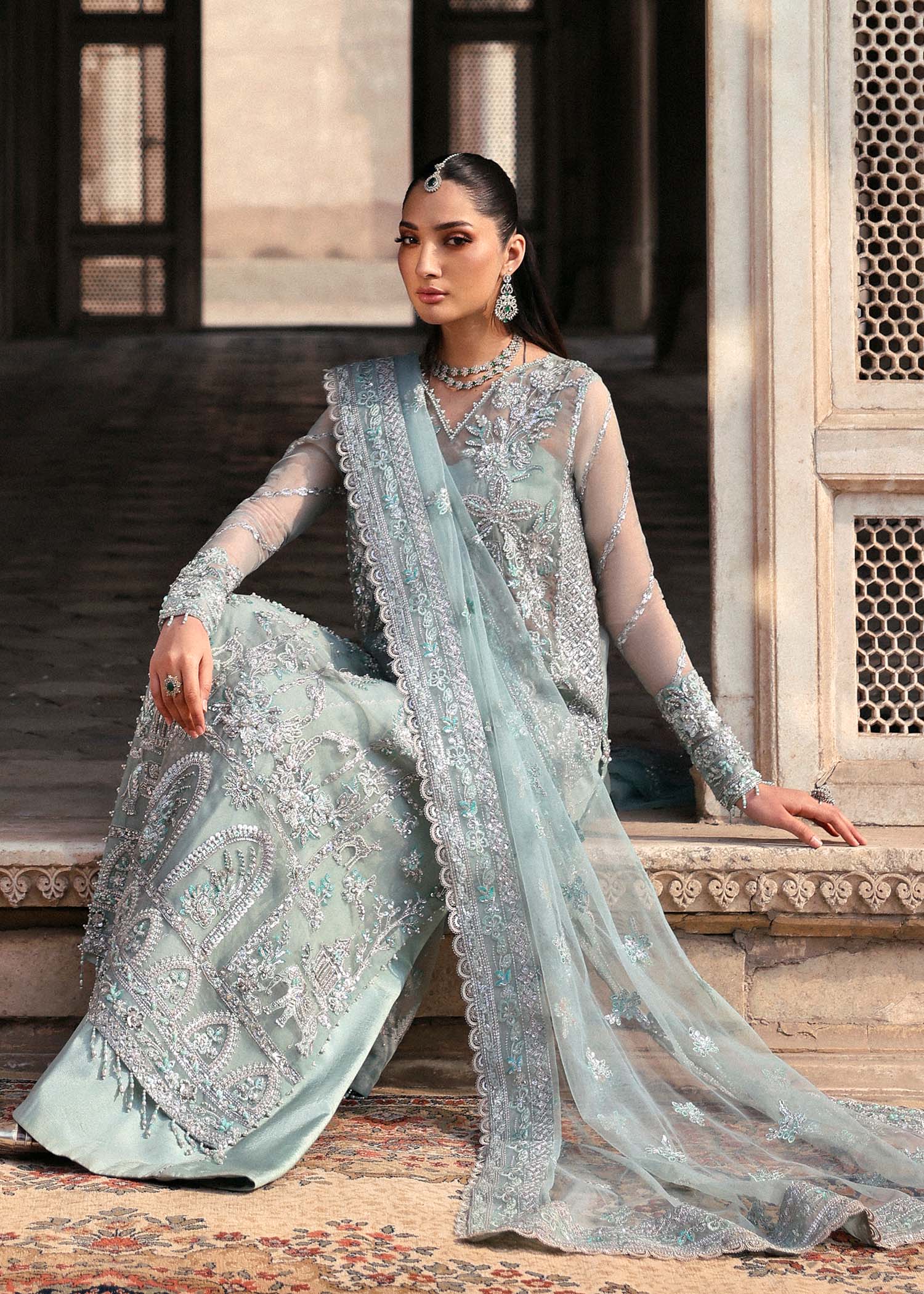 Pale Aqua Hand-Embroidered Organza Long Dress (3-Piece) - Image 6