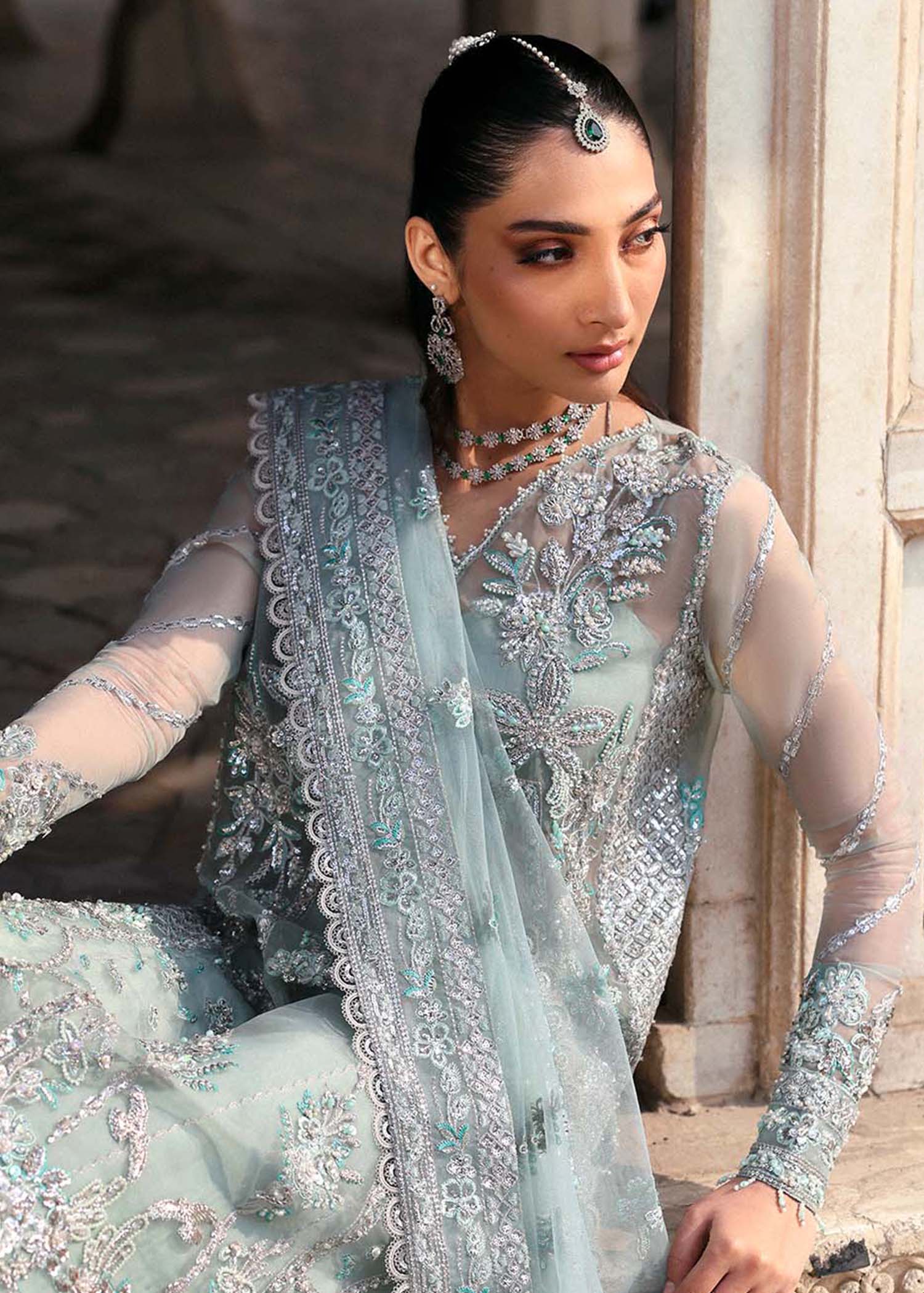 Pale Aqua Hand-Embroidered Organza Long Dress (3-Piece) - Image 7