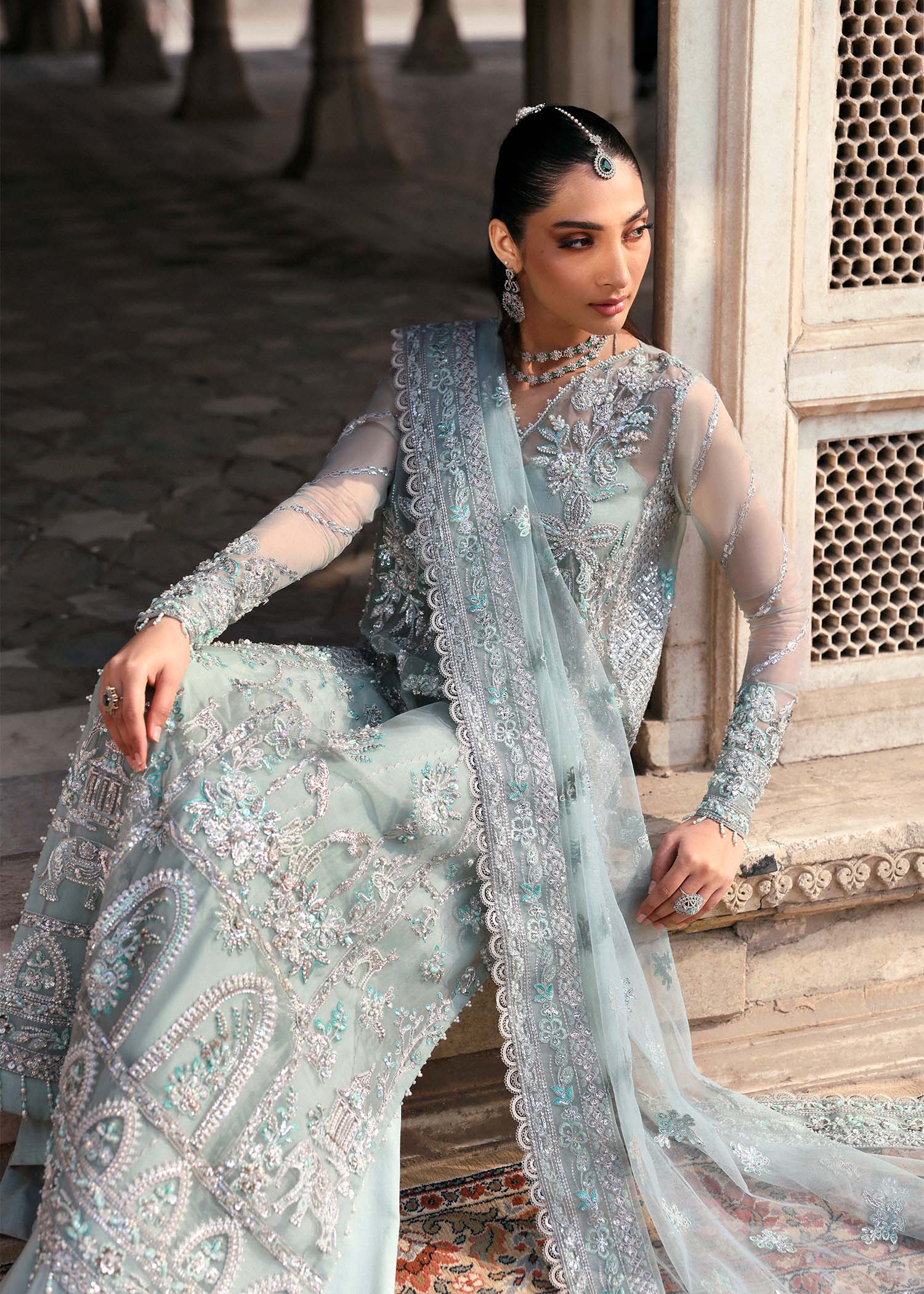 Pale Aqua Hand-Embroidered Organza Long Dress (3-Piece) - Image 8