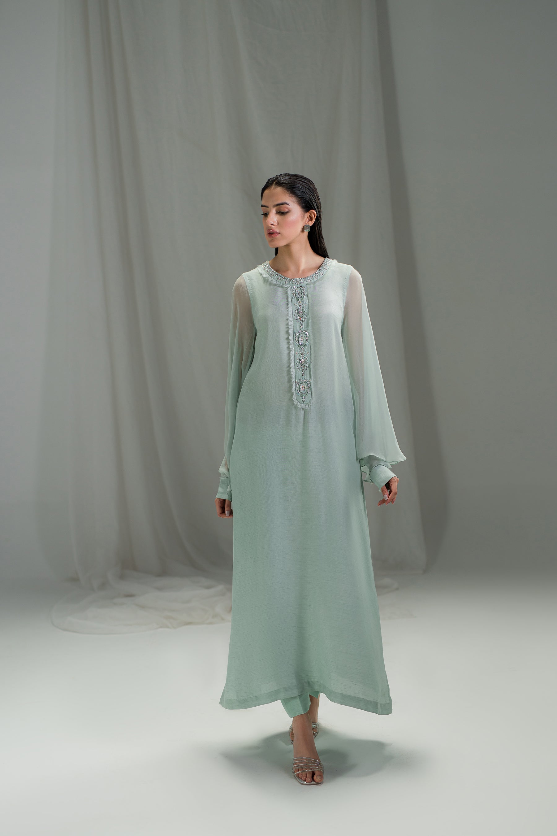 Powder Aqua Hand-Embellished Raw Silk Tunic (2-Piece) - Image 1