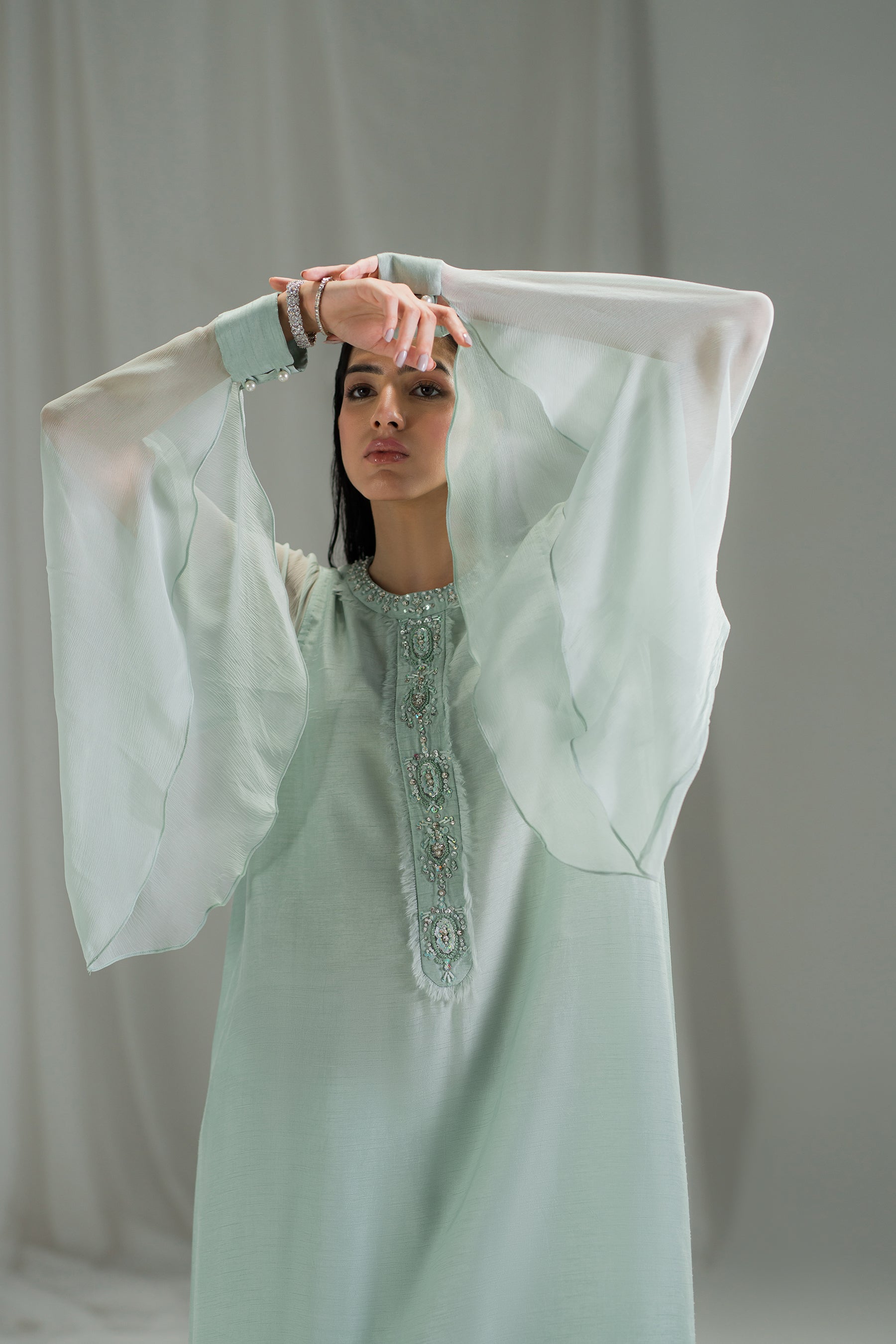 Powder Aqua Hand-Embellished Raw Silk Tunic (2-Piece) - Image 2