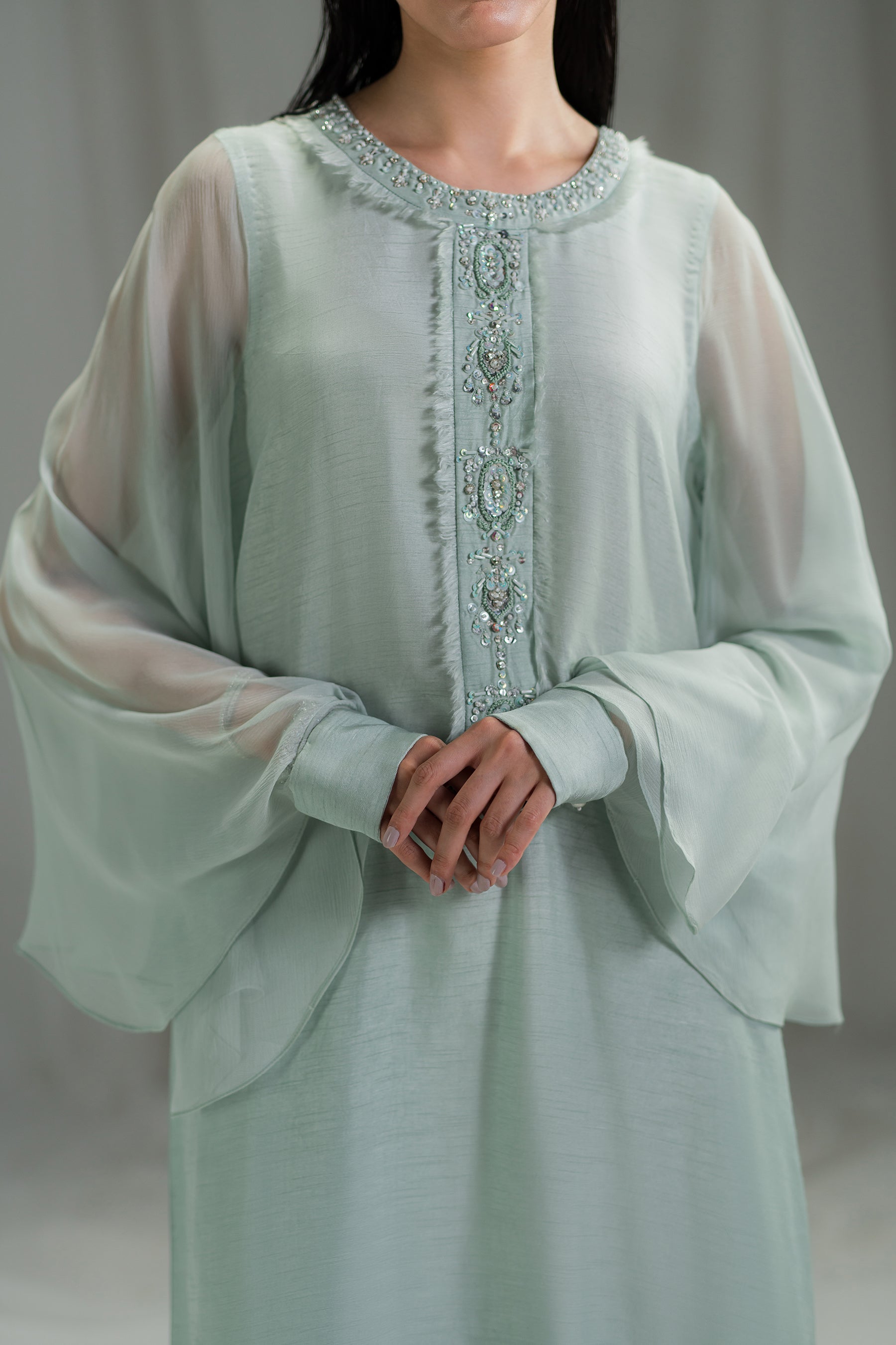 Powder Aqua Hand-Embellished Raw Silk Tunic (2-Piece) - Image 4