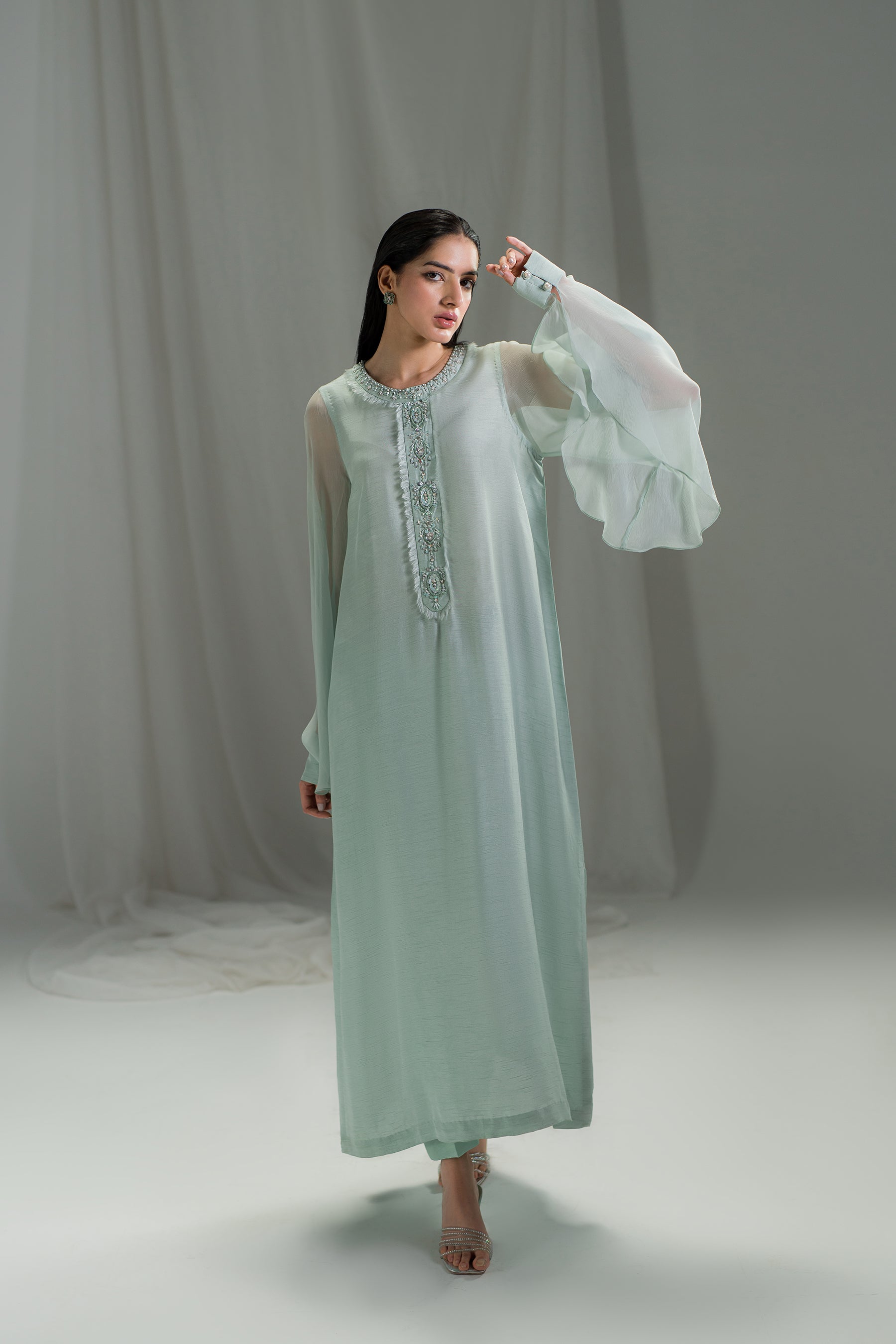 Powder Aqua Hand-Embellished Raw Silk Salwar Kameez (2-Piece) - Image 6