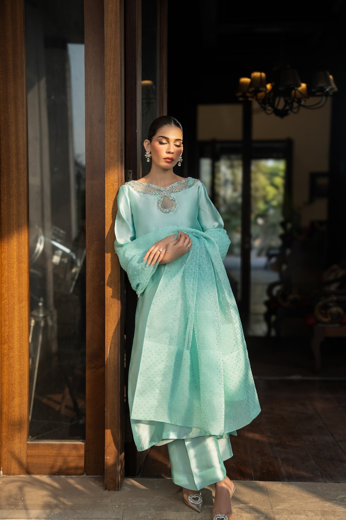 Pakistani Feroze Beaded Sheesha Silk Salwar Kameez (3-Piece) - Image 2