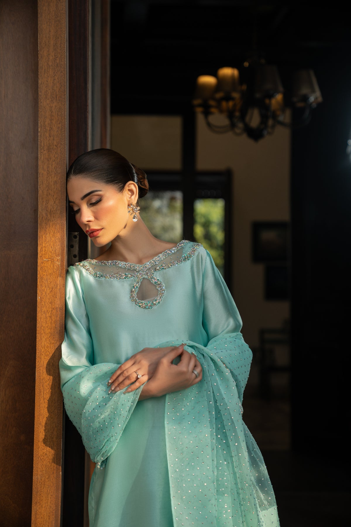 Pakistani Feroze Beaded Sheesha Silk Salwar Kameez (3-Piece) - Image 3