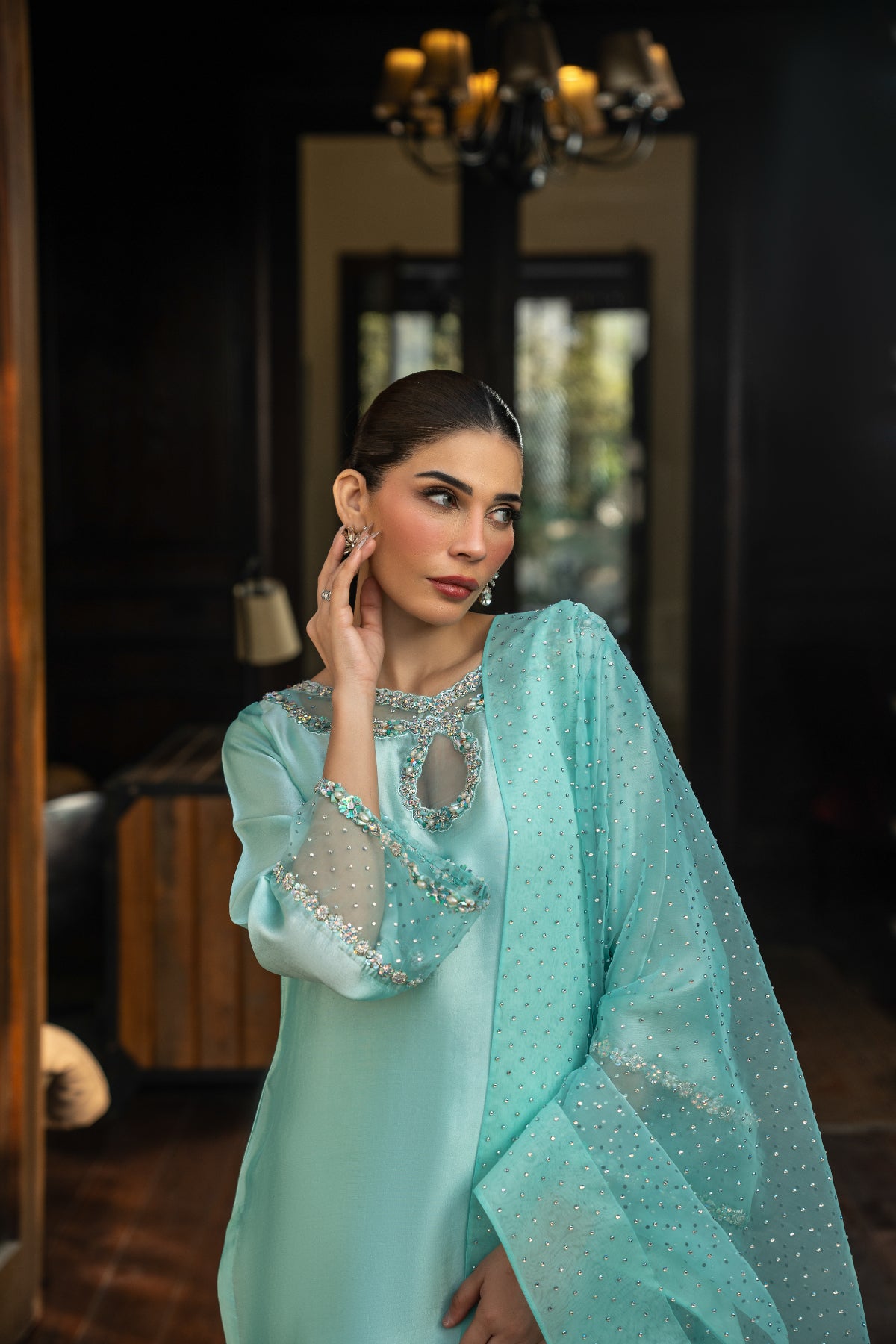 Pakistani Feroze Beaded Sheesha Silk Salwar Kameez (3-Piece) - Image 4