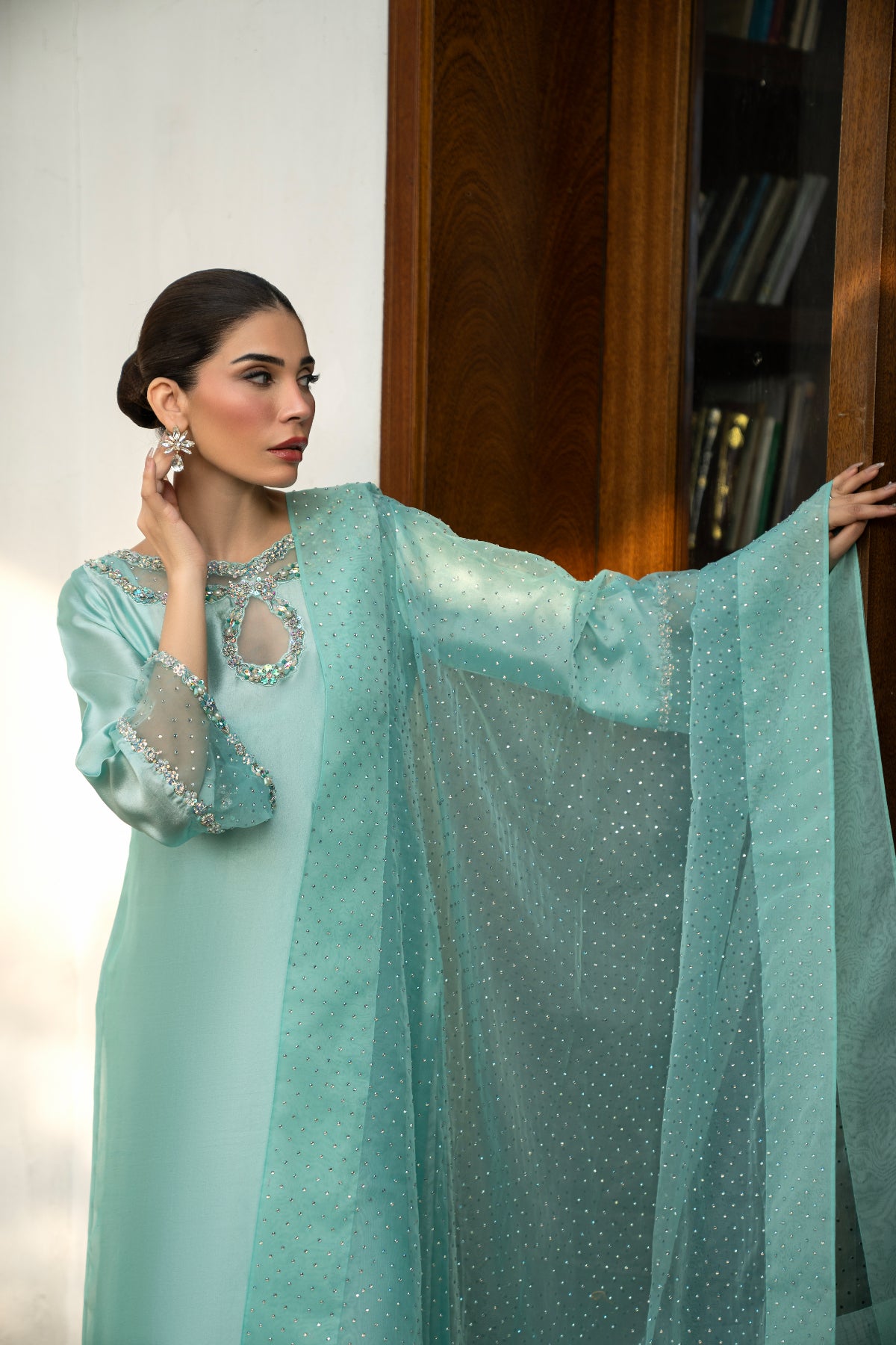 Pakistani Feroze Beaded Sheesha Silk Salwar Kameez (3-Piece) - Image 5