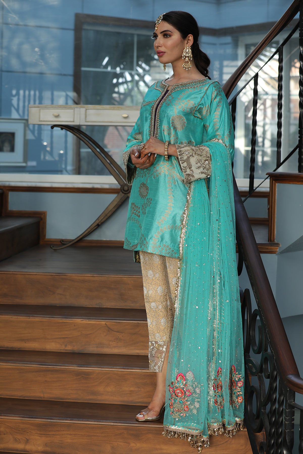 Aqua Ferozy Embroidered Silk-Blend Salwar Kameez (3-Piece) - Image 1