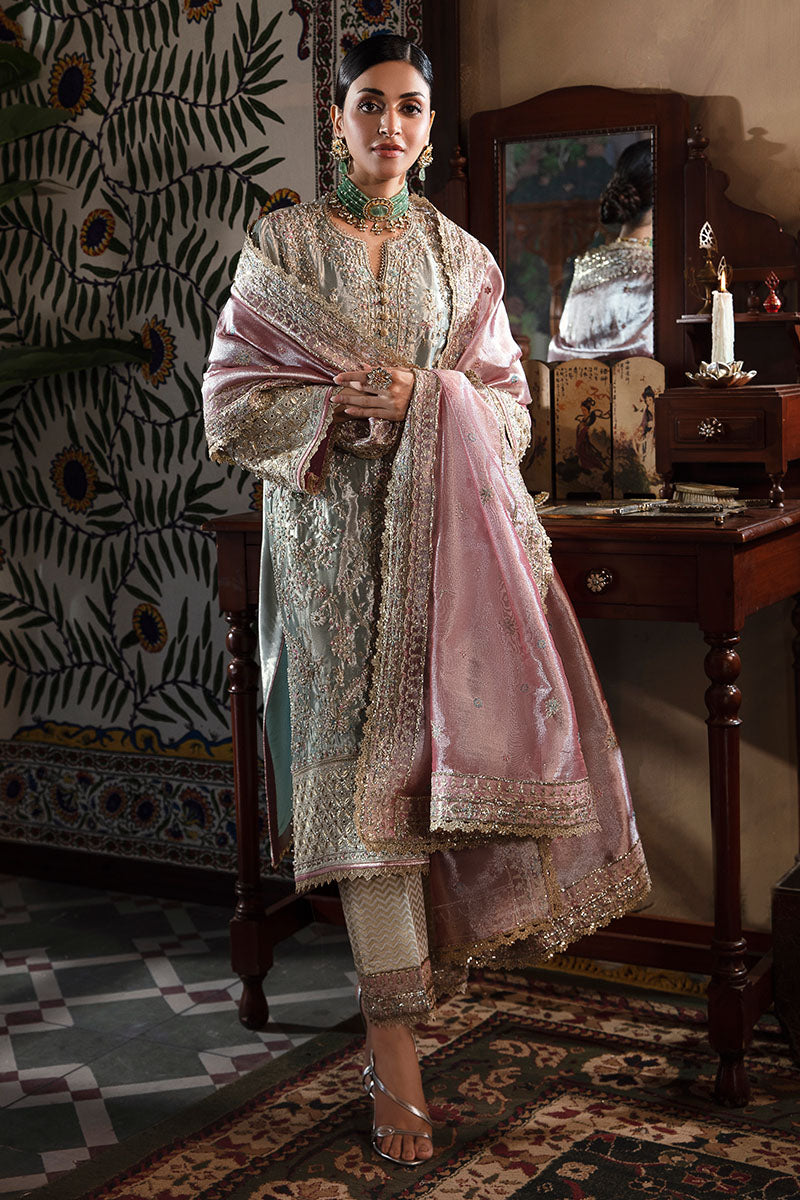 Pakistani Aqua Silver Hand-Embellished Zarri Silk Salwar Kameez (3-Piece) - Image 1