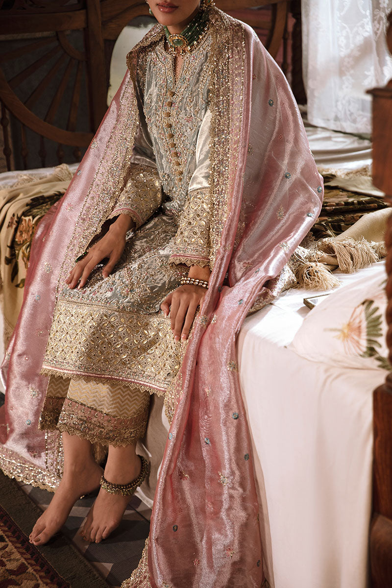 Pakistani Aqua Silver Hand-Embellished Zarri Silk Salwar Kameez (3-Piece) - Image 10