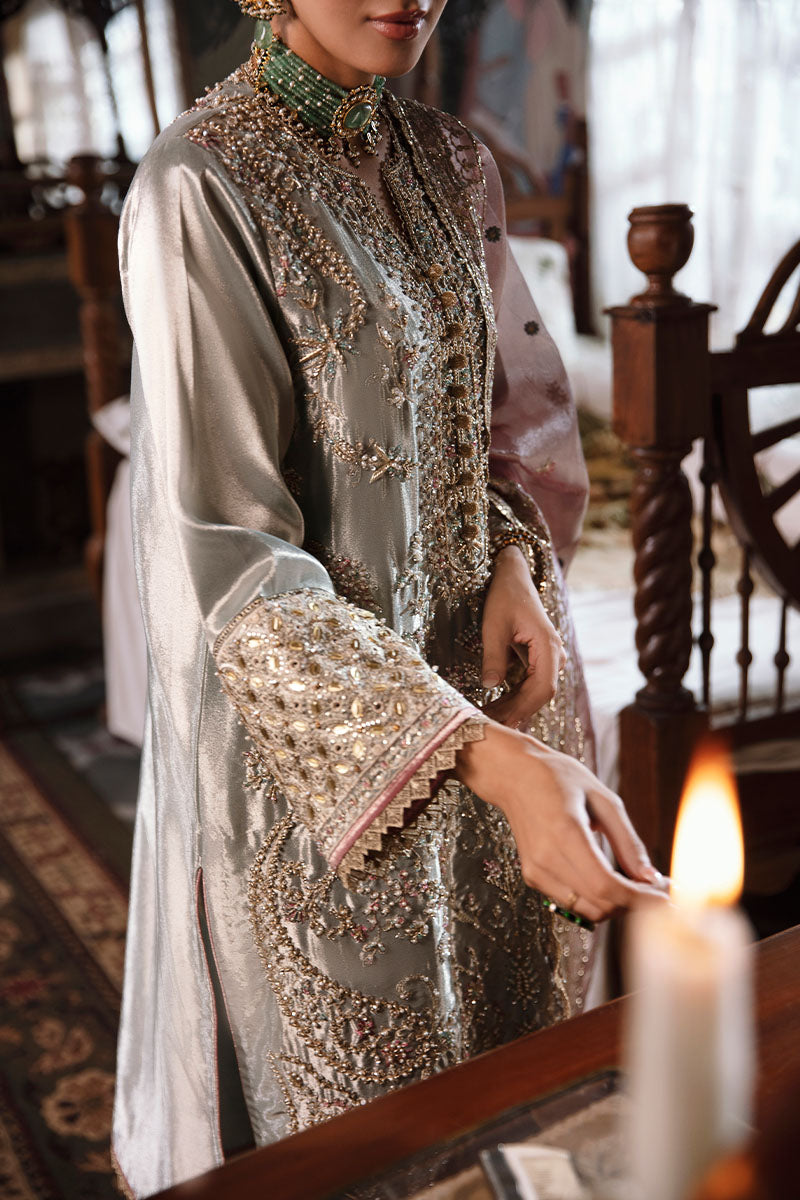 Pakistani Aqua Silver Hand-Embellished Zarri Silk Salwar Kameez (3-Piece) - Image 2