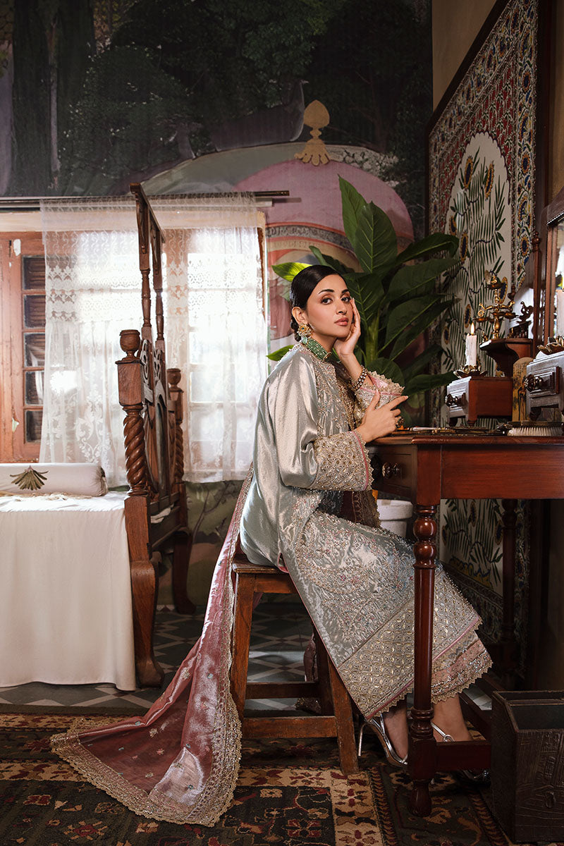Pakistani Aqua Silver Hand-Embellished Zarri Silk Salwar Kameez (3-Piece) - Image 7