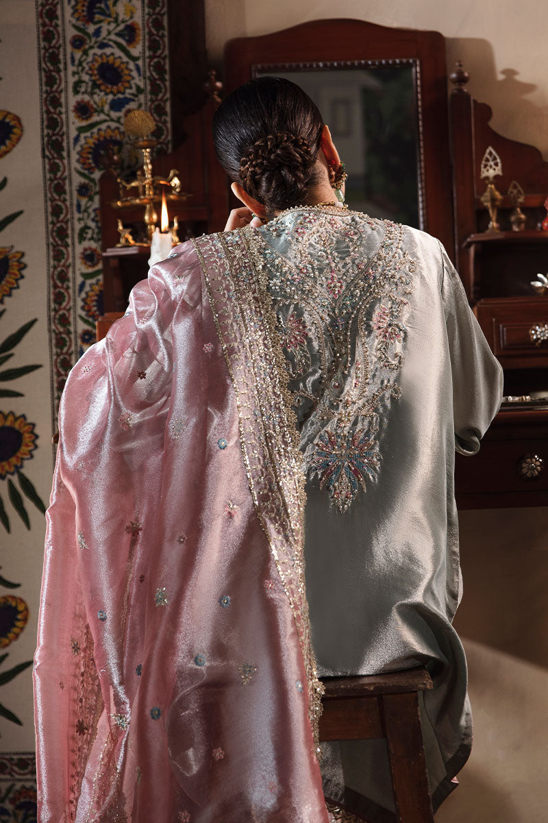 Pakistani Aqua Silver Hand-Embellished Zarri Silk Salwar Kameez (3-Piece) - Image 8