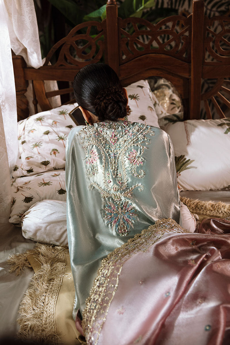 Pakistani Aqua Silver Hand-Embellished Zarri Silk Salwar Kameez (3-Piece) - Image 9