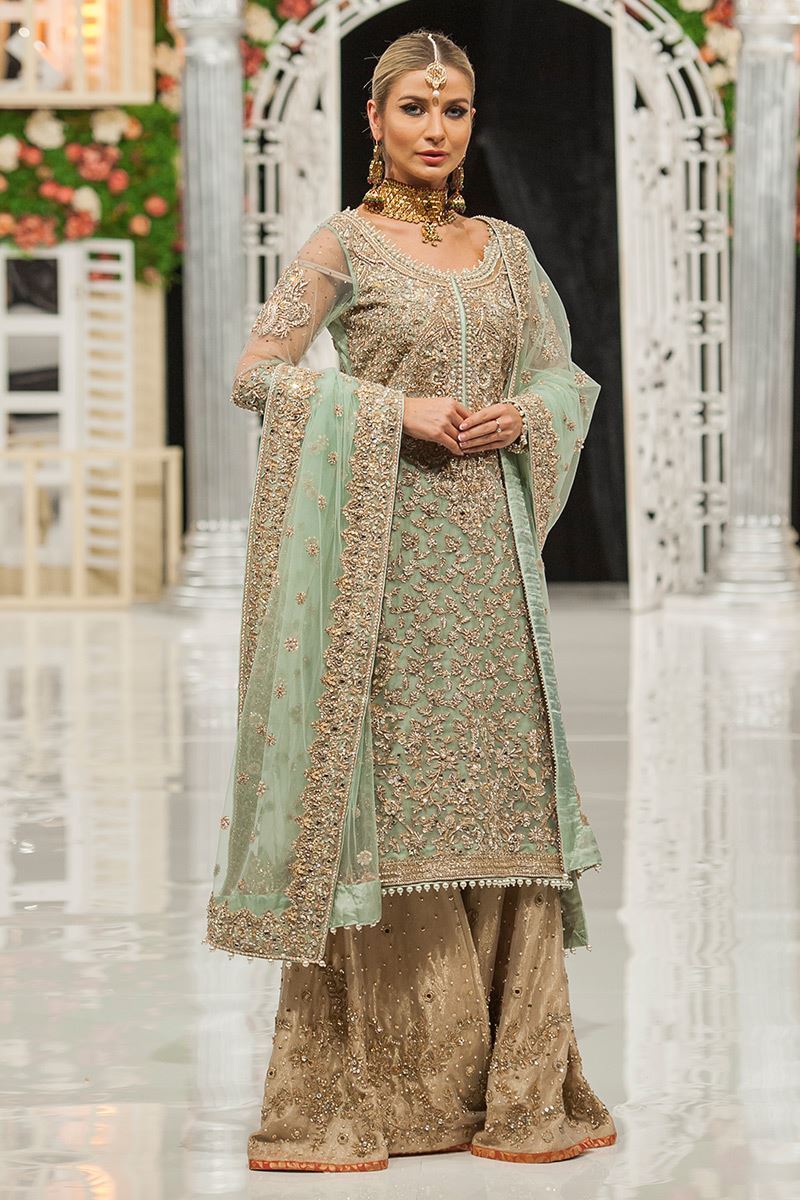 Aqua 3D Embroidered Net Long Shirt Sharara (3-Piece) - Image 1