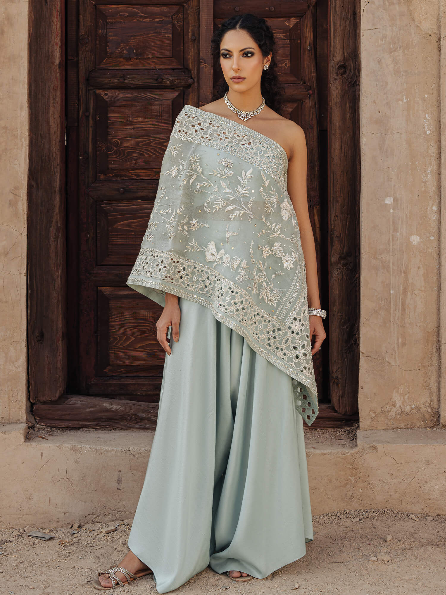 Bleached Aqua Zardozi Organza Wrap Stole with Raw Silk Pants (2-Piece) - Image 1