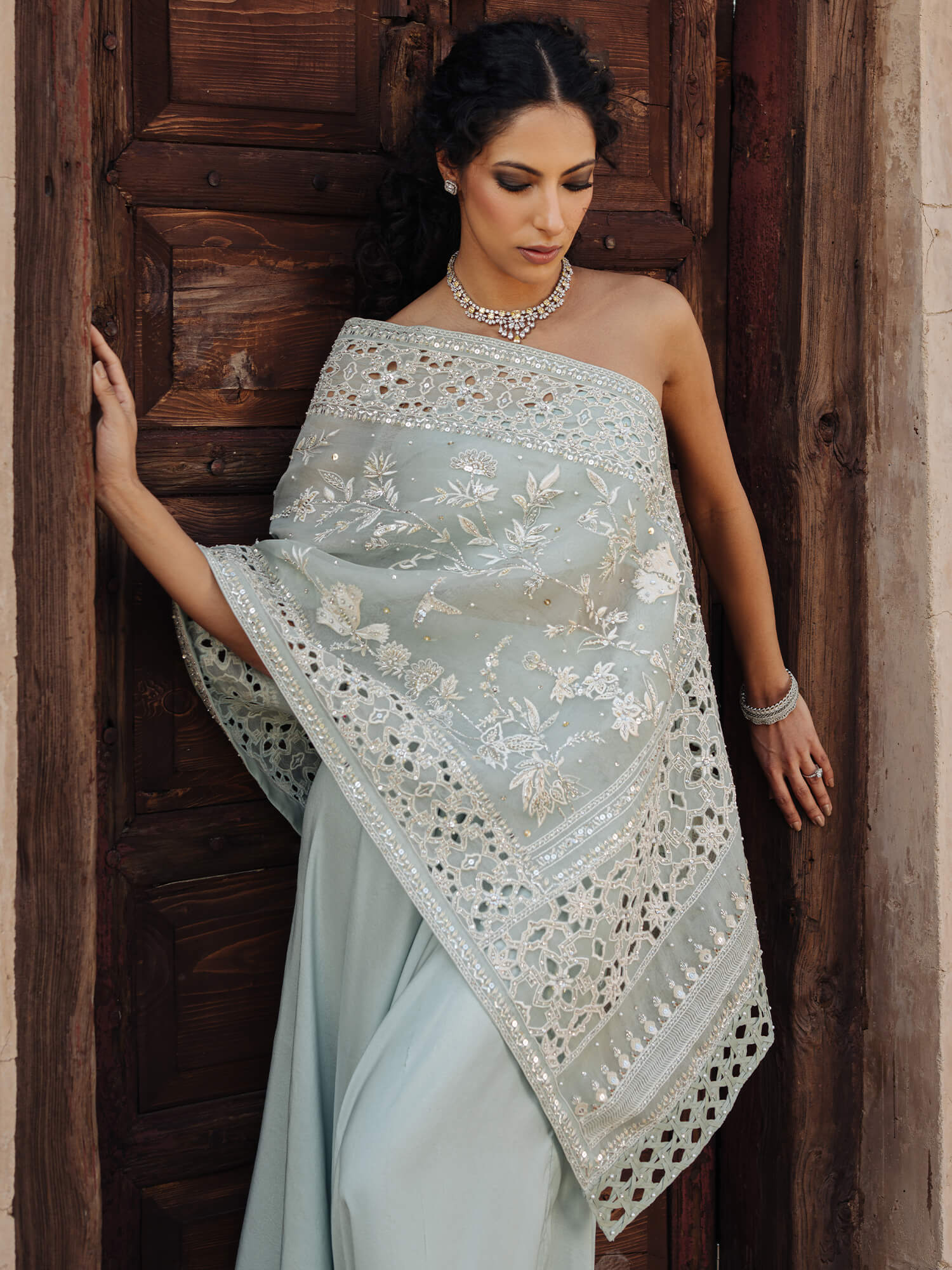 Bleached Aqua Zardozi Organza Wrap Stole with Raw Silk Pants (2-Piece) - Image 2