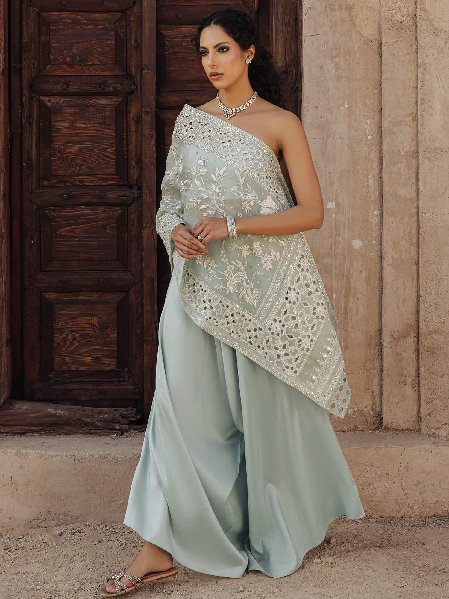 Bleached Aqua Zardozi Organza Wrap Stole with Raw Silk Pants (2-Piece) - Image 3