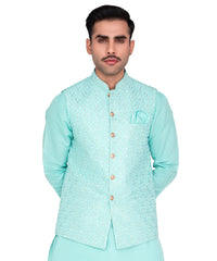 Aqua Embroidered Masoori Waistcoat Kurta Set (3-Piece) - Image 2