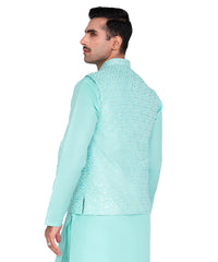 Aqua Embroidered Masoori Waistcoat Kurta Set (3-Piece) - Image 3
