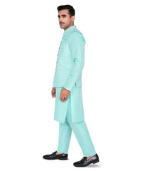 Aqua Embroidered Masoori Waistcoat Kurta Set (3-Piece) - Image 4