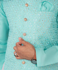 Aqua Embroidered Masoori Waistcoat Kurta Set (3-Piece) - Image 5