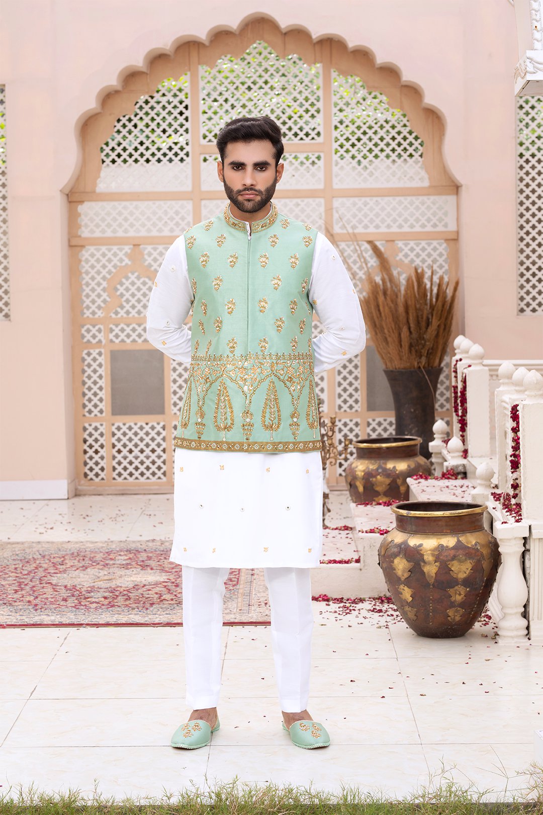 Aqua Ada Embroidered Silk Waistcoat (3-Piece) - Image 1