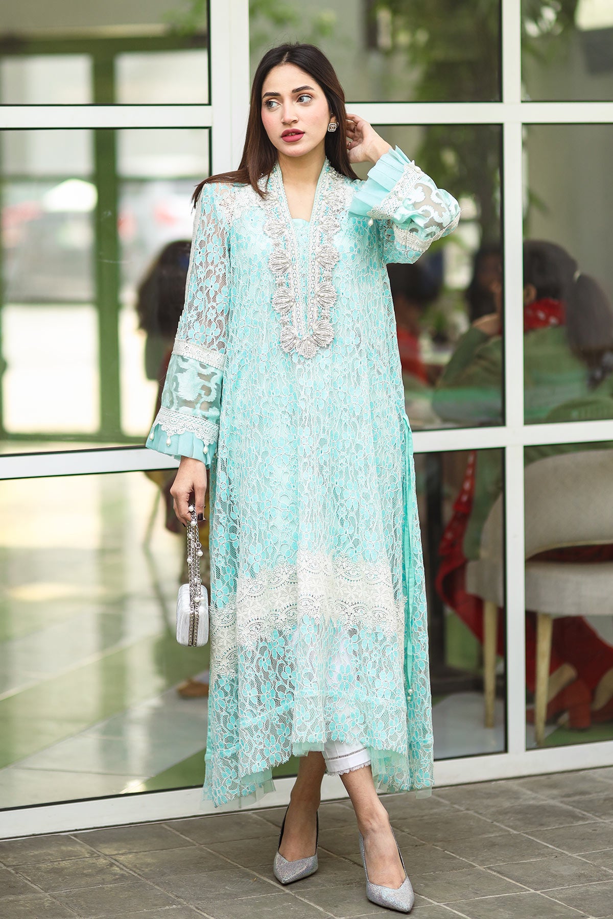 Aqua Hand-Embellished Blended Lace Kaftan (2-Piece) - Image 2