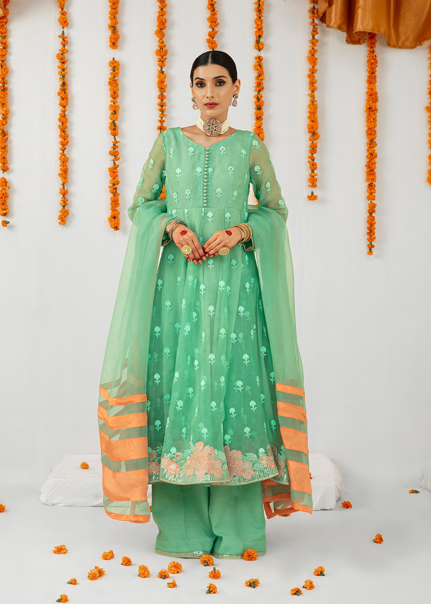 Aqua Embroidered Organza Pishwas Dress (3-Piece) - Image 1