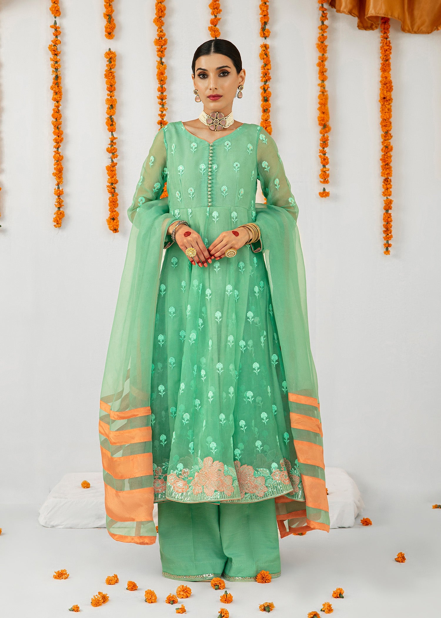 Aqua Embroidered Organza Pishwas Dress (3-Piece) - Image 2