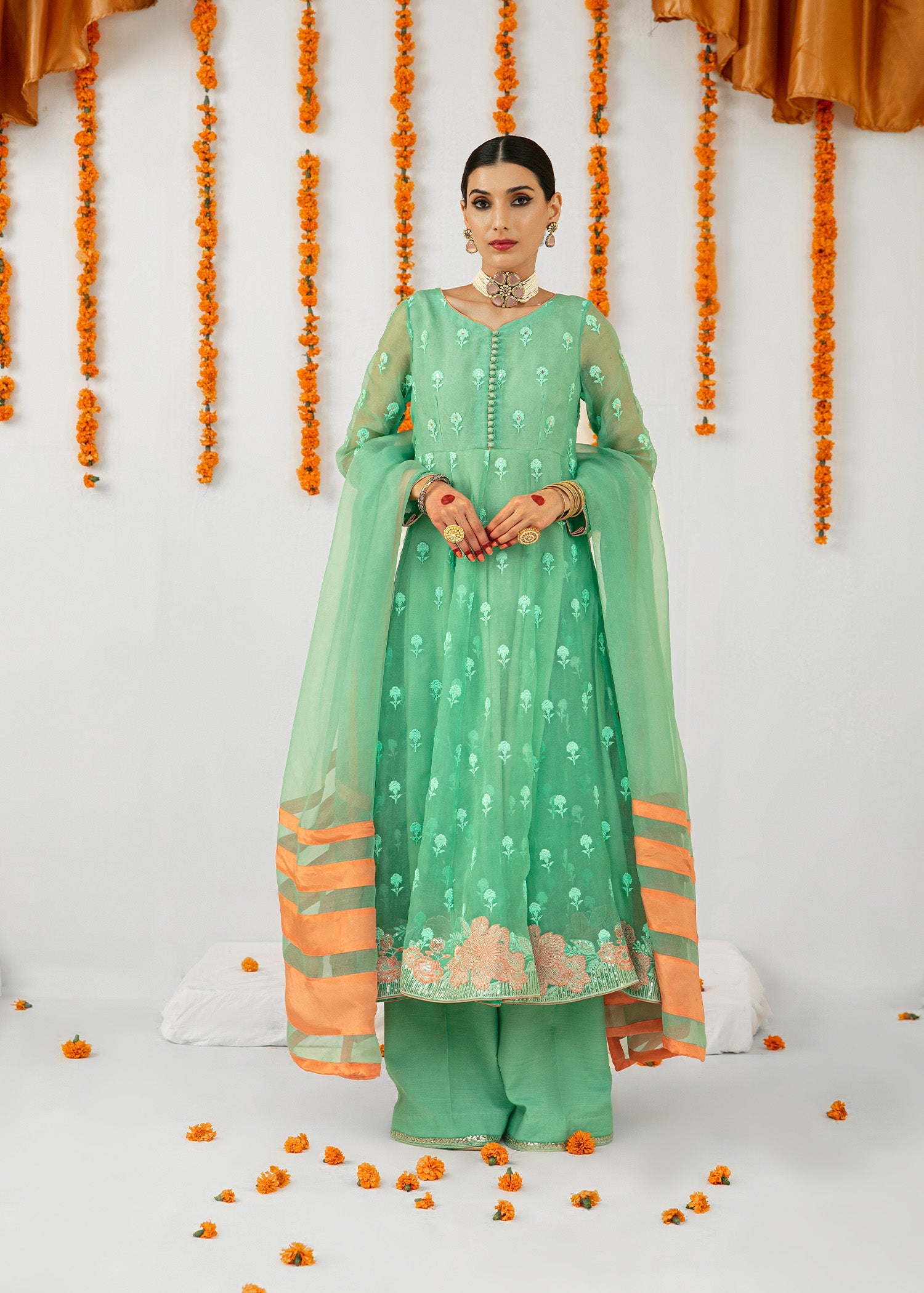 Aqua Embroidered Organza Pishwas Dress (3-Piece) - Image 3