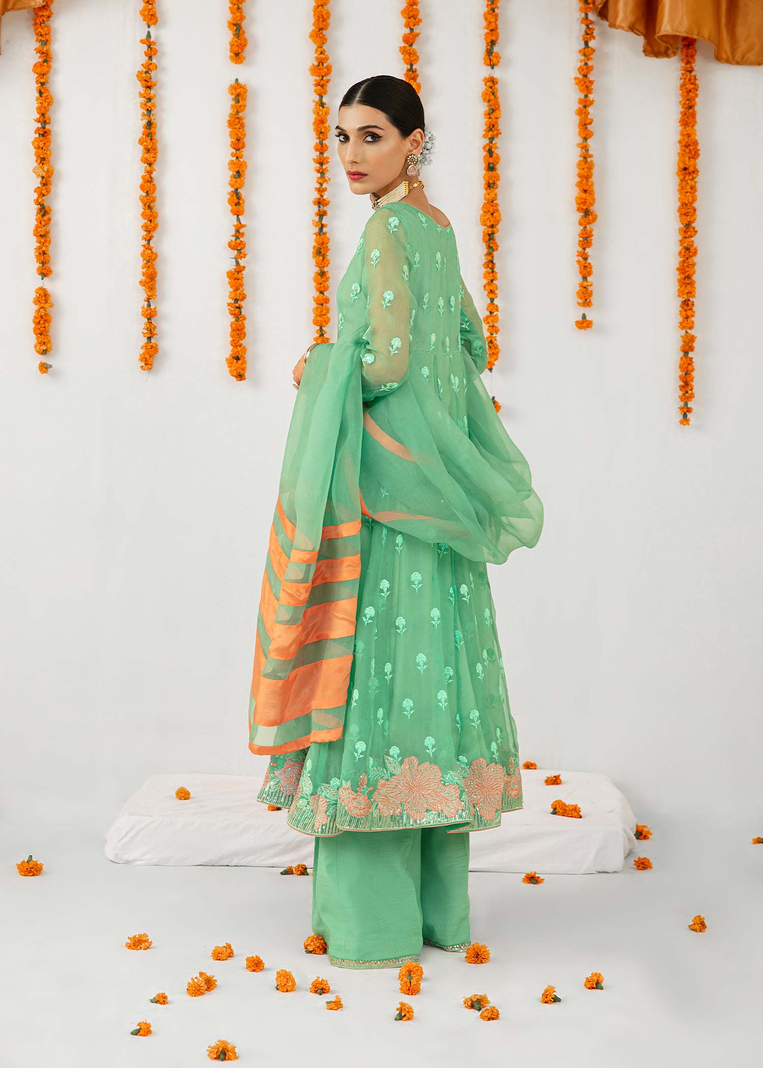 Aqua Embroidered Organza Pishwas Dress (3-Piece) - Image 4