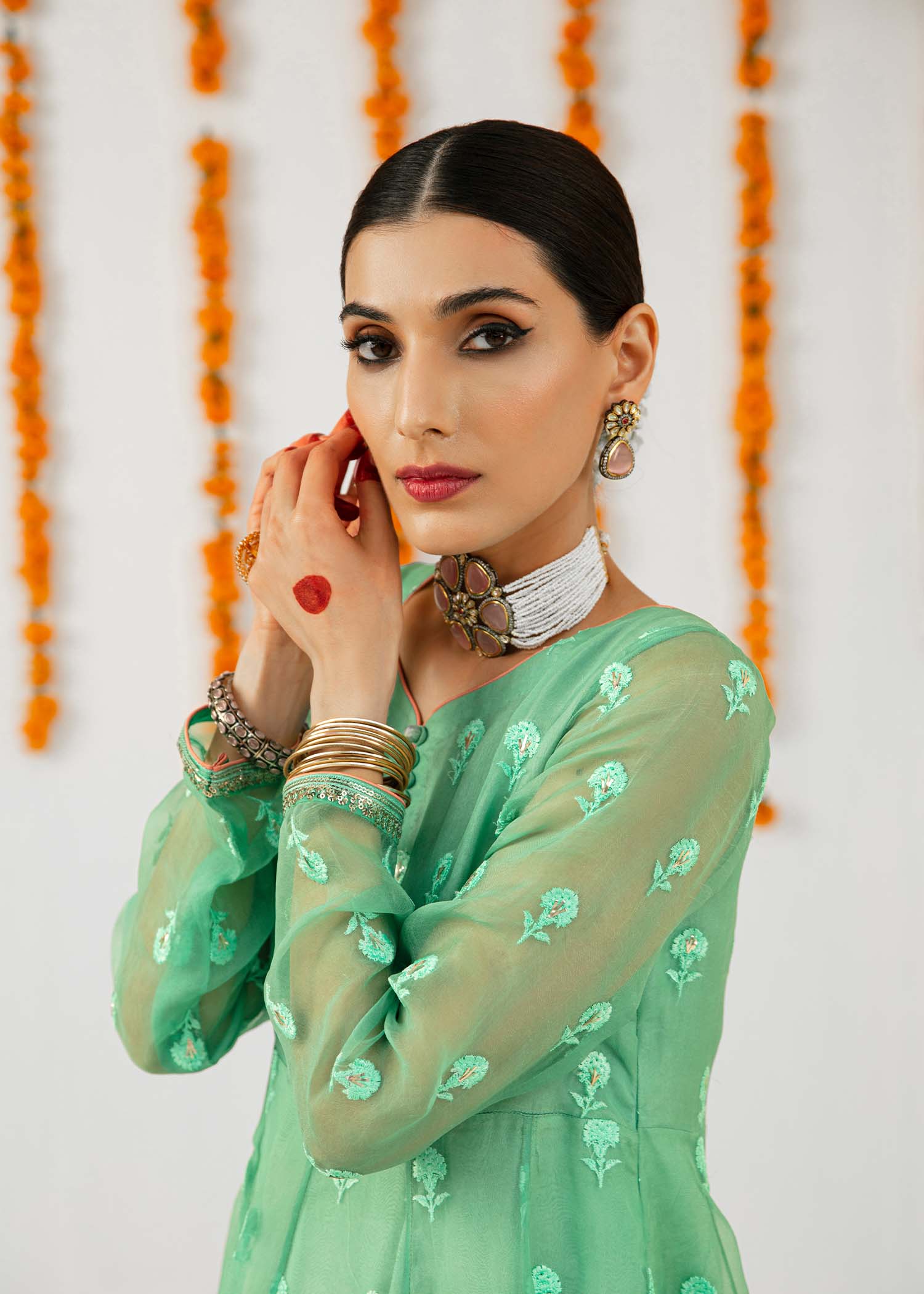 Aqua Embroidered Organza Pishwas Dress (3-Piece) - Image 5