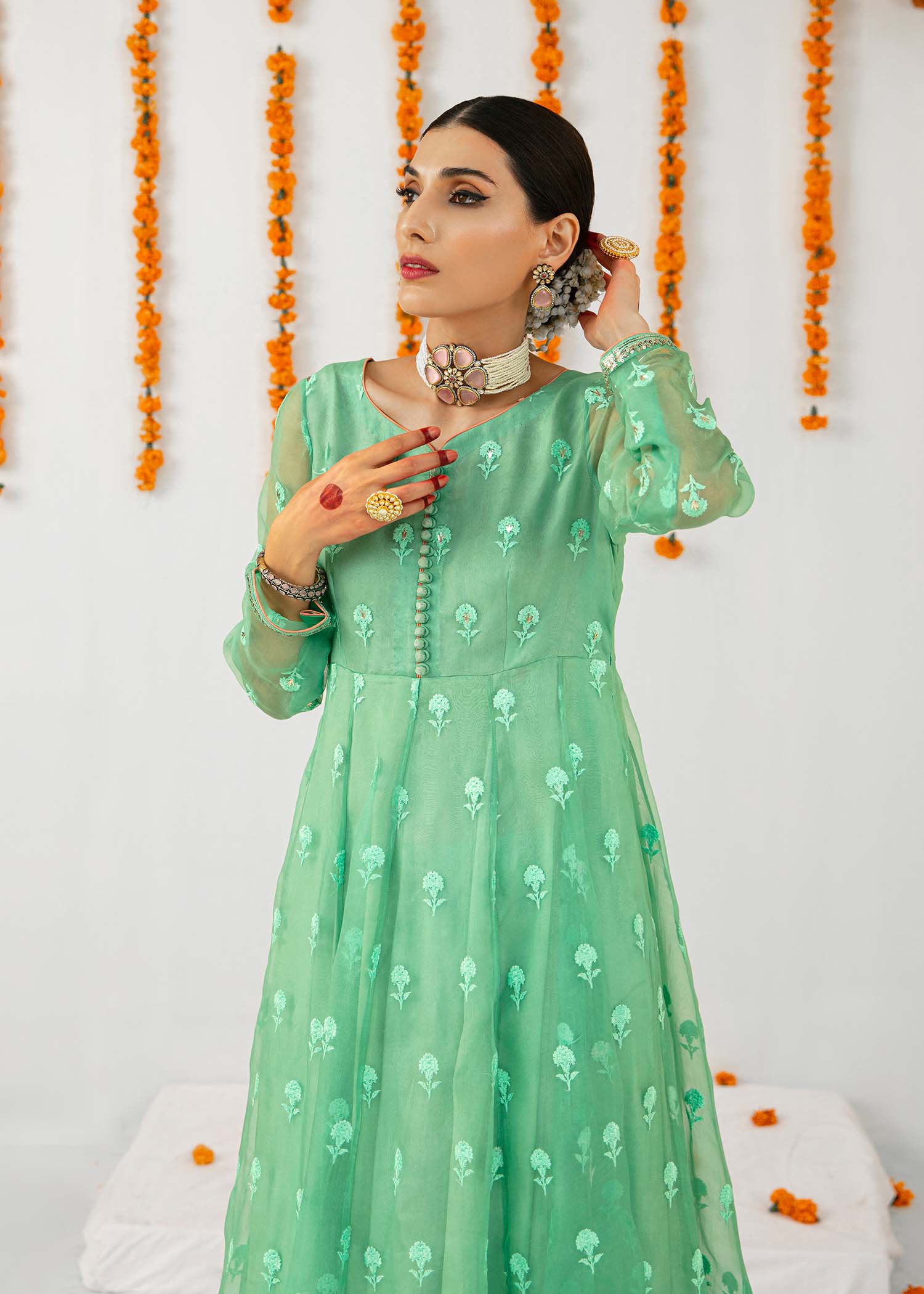 Aqua Embroidered Organza Pishwas Dress (3-Piece) - Image 6