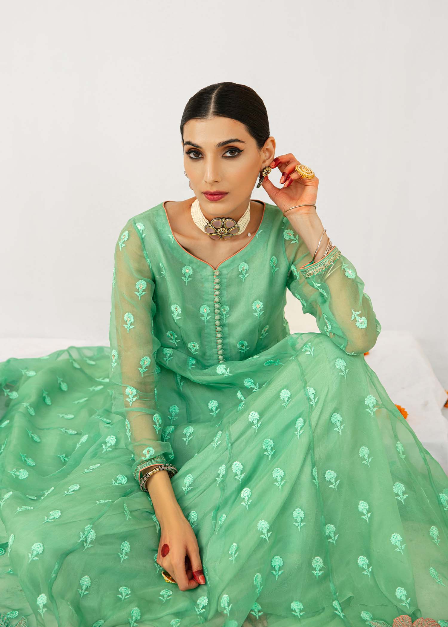 Aqua Embroidered Organza Pishwas Dress (3-Piece) - Image 7