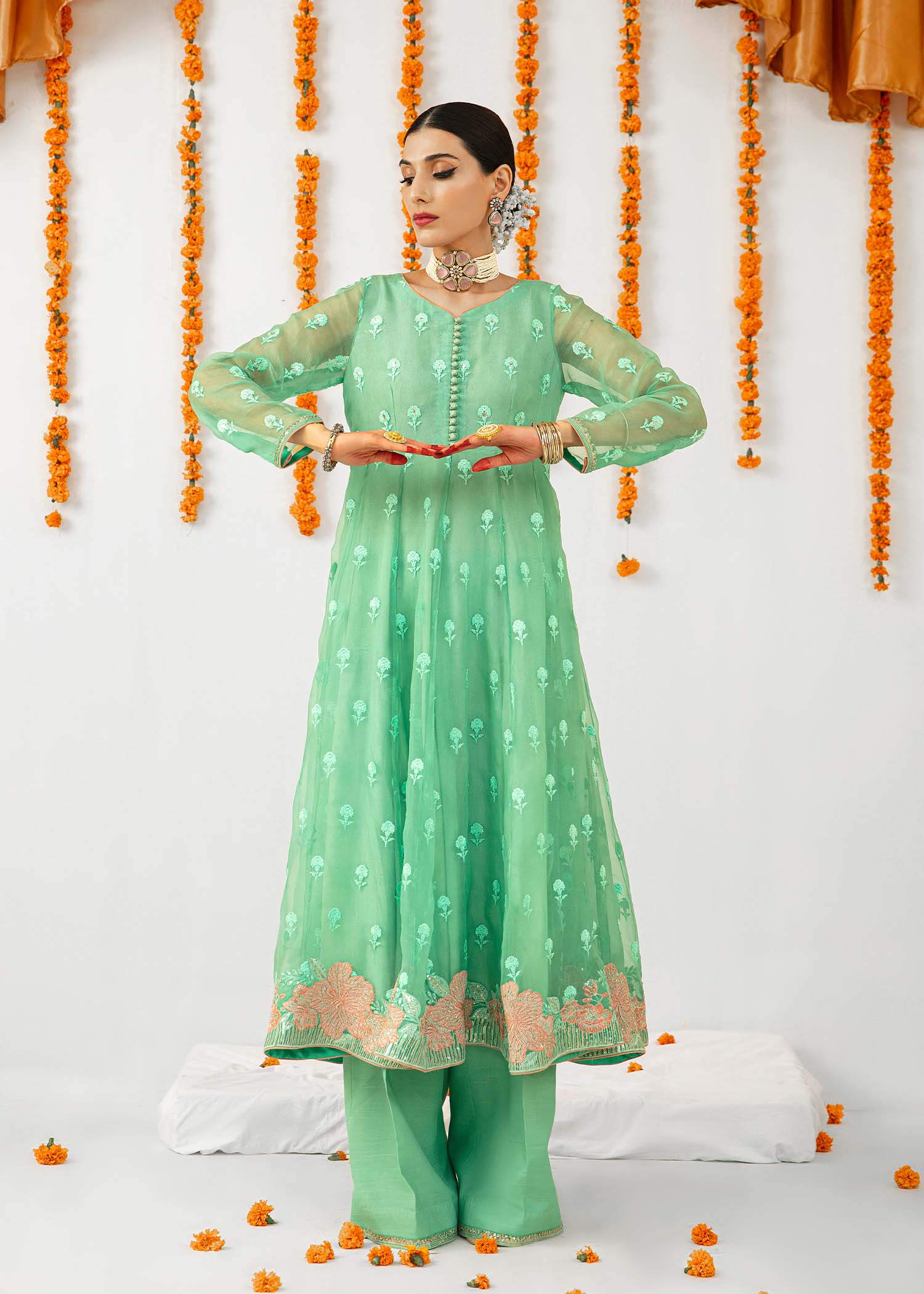 Aqua Embroidered Organza Pishwas Dress (3-Piece) - Image 8