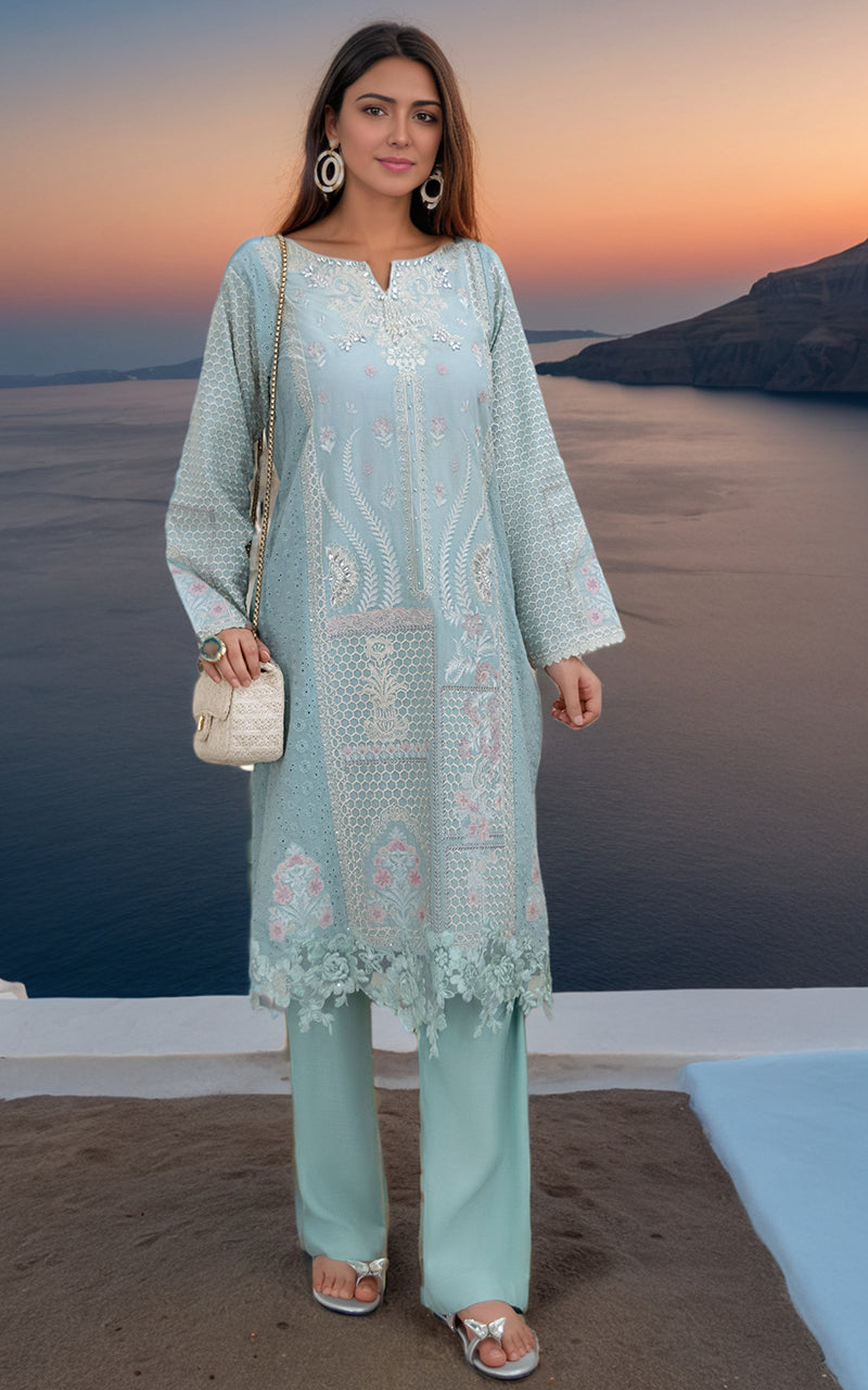 Pastel Aqua Cutwork Embroidered Chikan Lawn Salwar Kameez (2-Piece) - Image 1