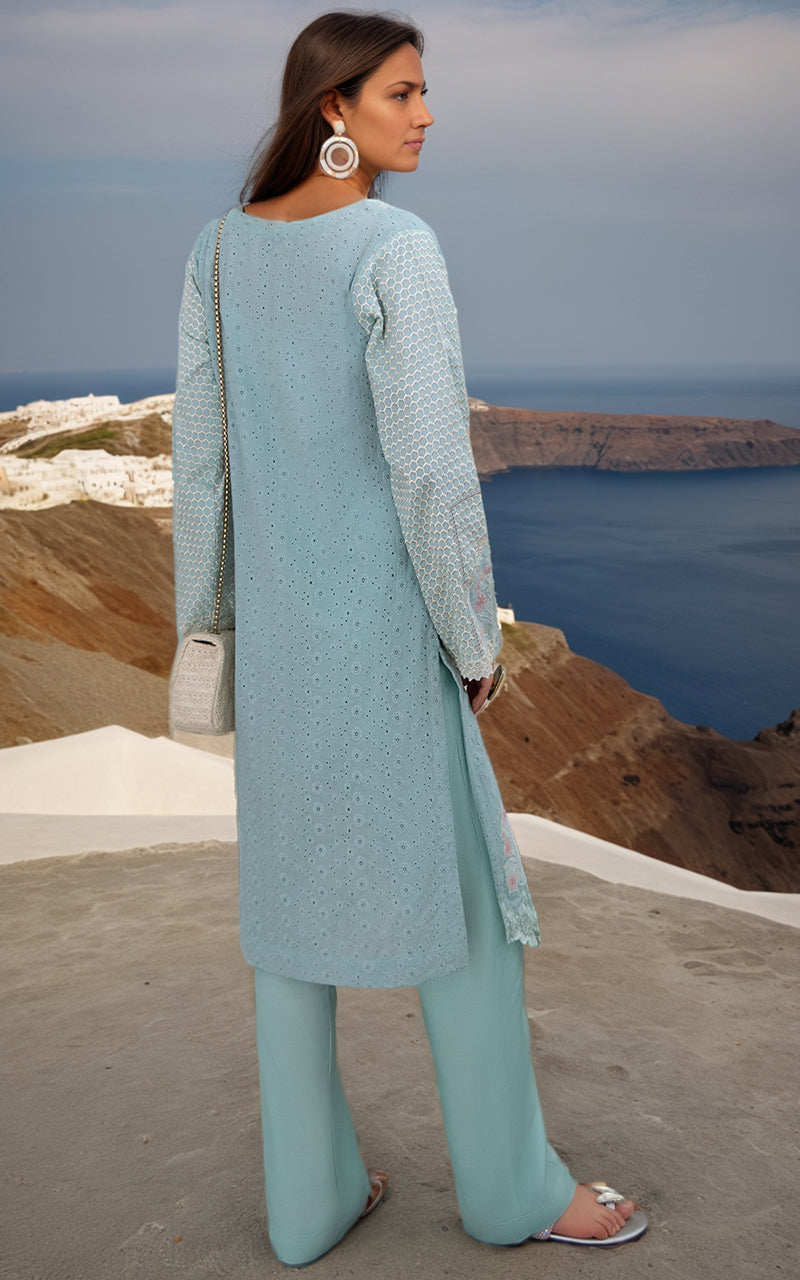 Pastel Aqua Cutwork Embroidered Chikan Lawn Salwar Kameez (2-Piece) - Image 2