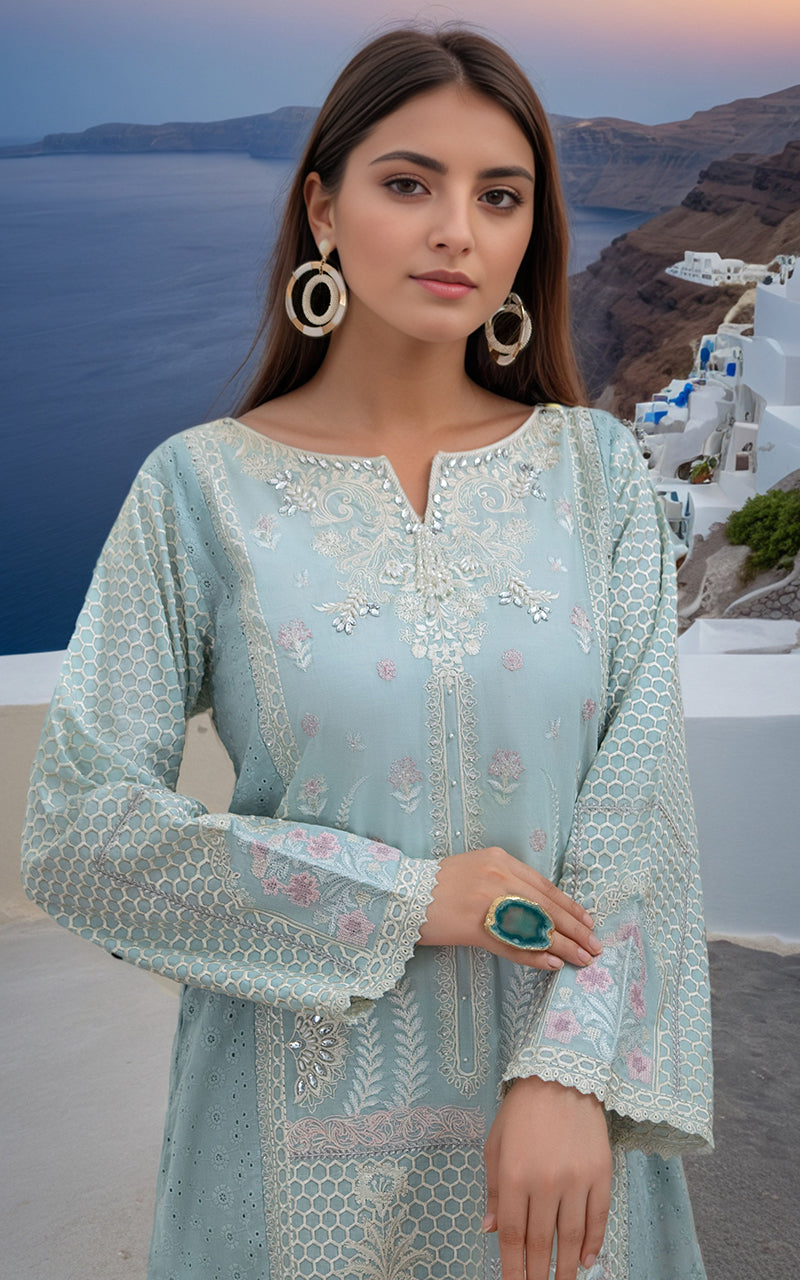 Pastel Aqua Cutwork Embroidered Chikan Lawn Salwar Kameez (2-Piece) - Image 3