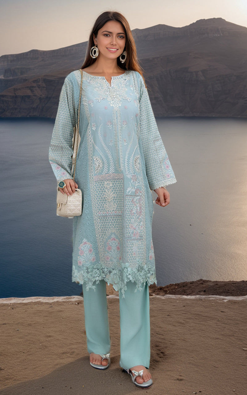 Pastel Aqua Cutwork Embroidered Chikan Lawn Salwar Kameez (2-Piece) - Image 4