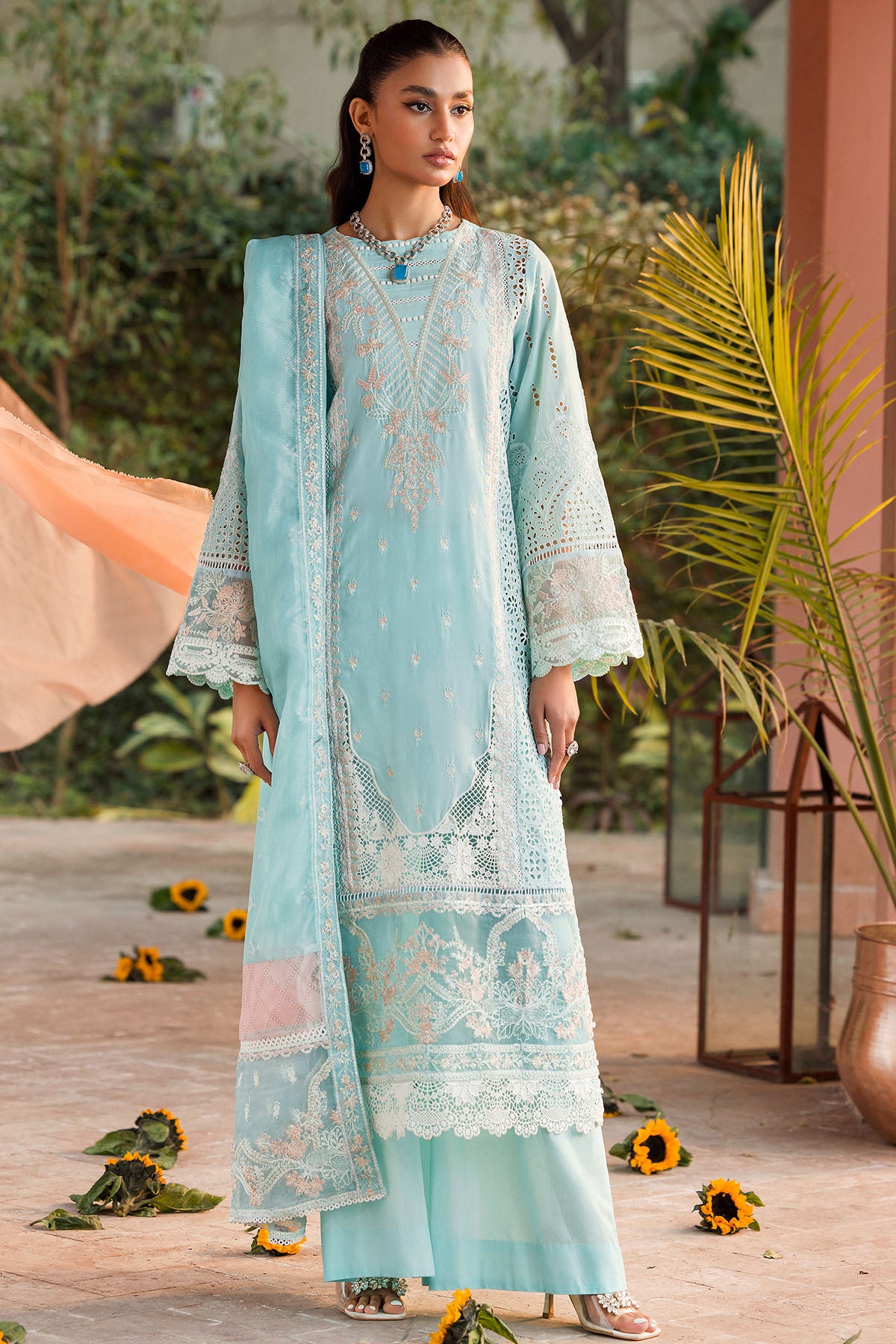 Pakistani Aqua Schiffli Embroidered Lawn 3-Piece Suit - Image 1